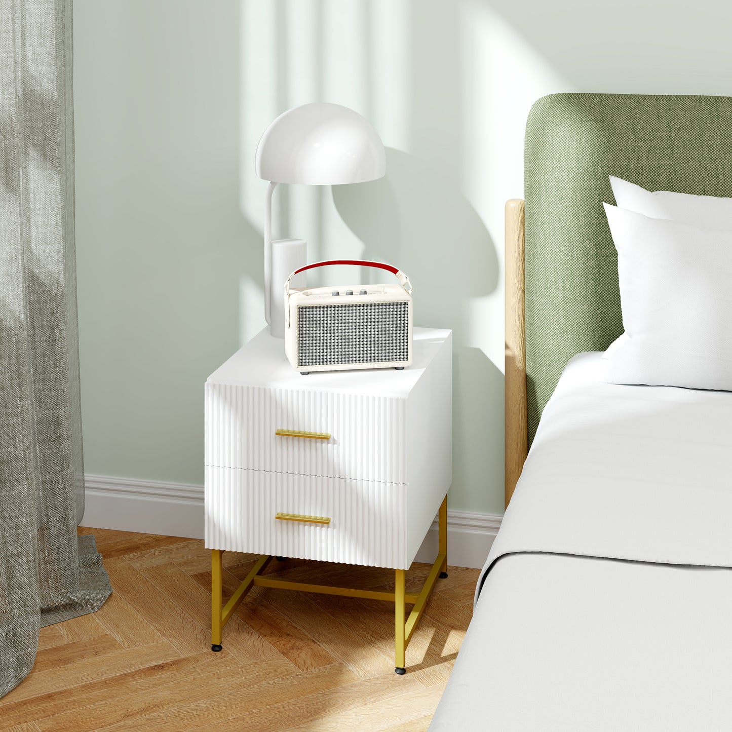 2 Pieces Nightstands with Storage, Modern Bedside Tables with 2 Fluted Drawers and Gold Legs for Bedroom, White