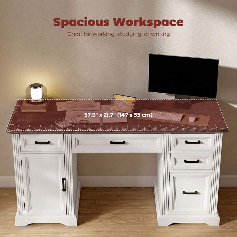 58" Executive Desk with Soft-Close File Drawer - White