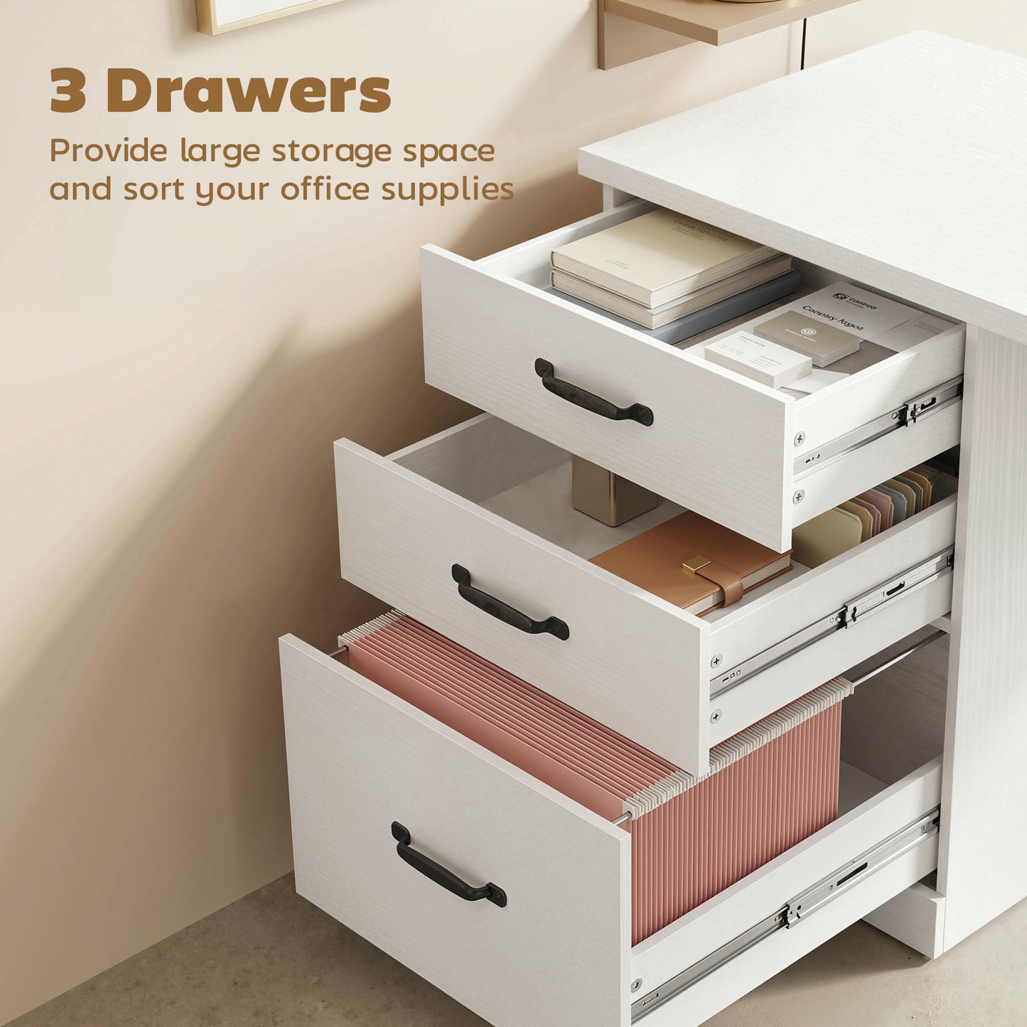Computer Desk with 3 Drawers, 47" Home Office Desk with Adjustable Hanging Rails for Letter A4 Files, White