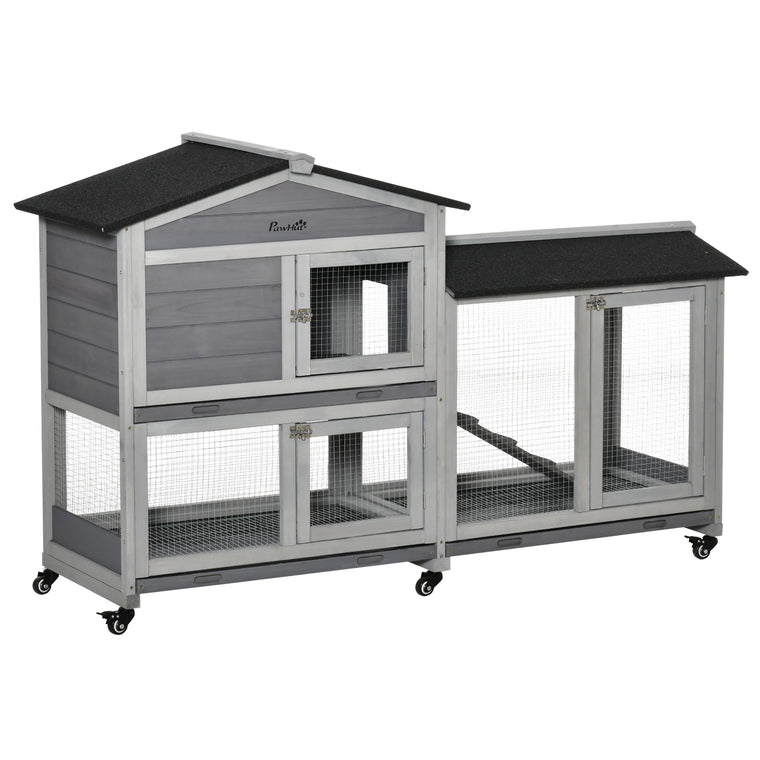 62" Light Grey Wooden Rabbit Hutch with Wheels & Run Box