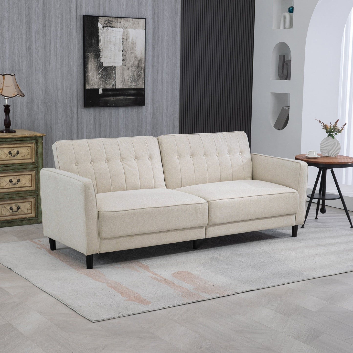 Convertible Tufted Sofa Bed with Adjustable Back - Beige