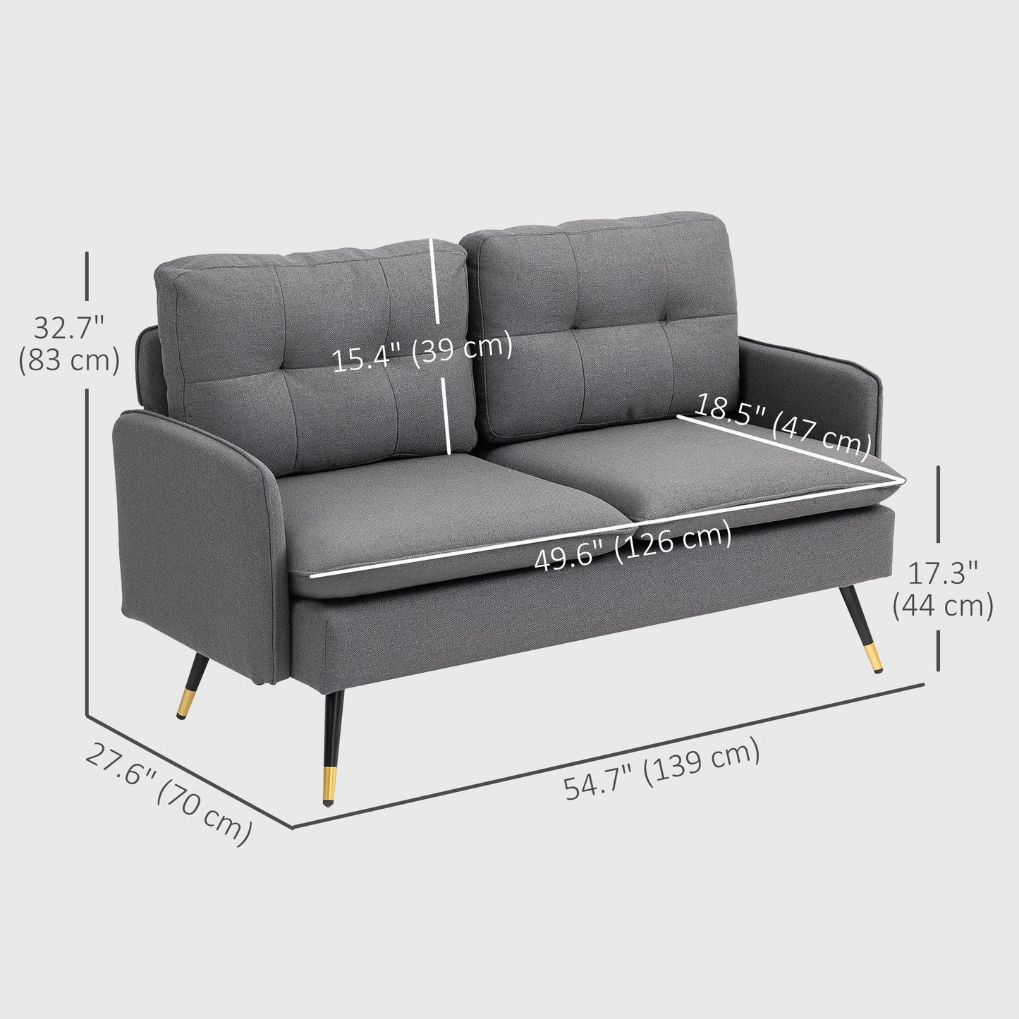 55" Loveseat Sofa, Linen Love Seat w/ S spring, Steel Legs and Button Tufting, Small Couch for Living Room, Dark Grey