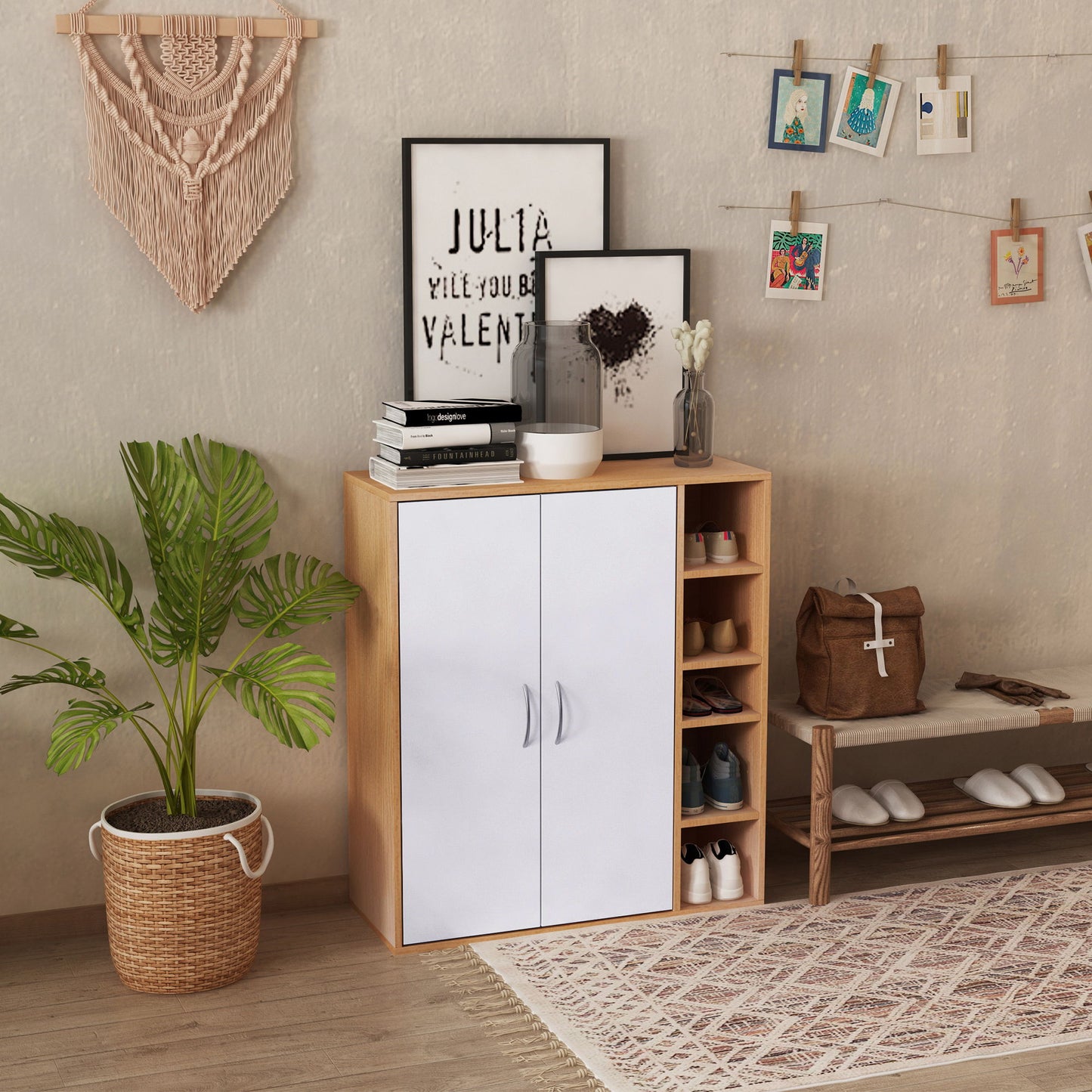 35.5" Shoe Cabinet, 3-Tier Free Standing Shoe Storage Cabinet with Adjustable Shelves and 5 Open Cubes for Entryway, Hallway, Living Room, Natural