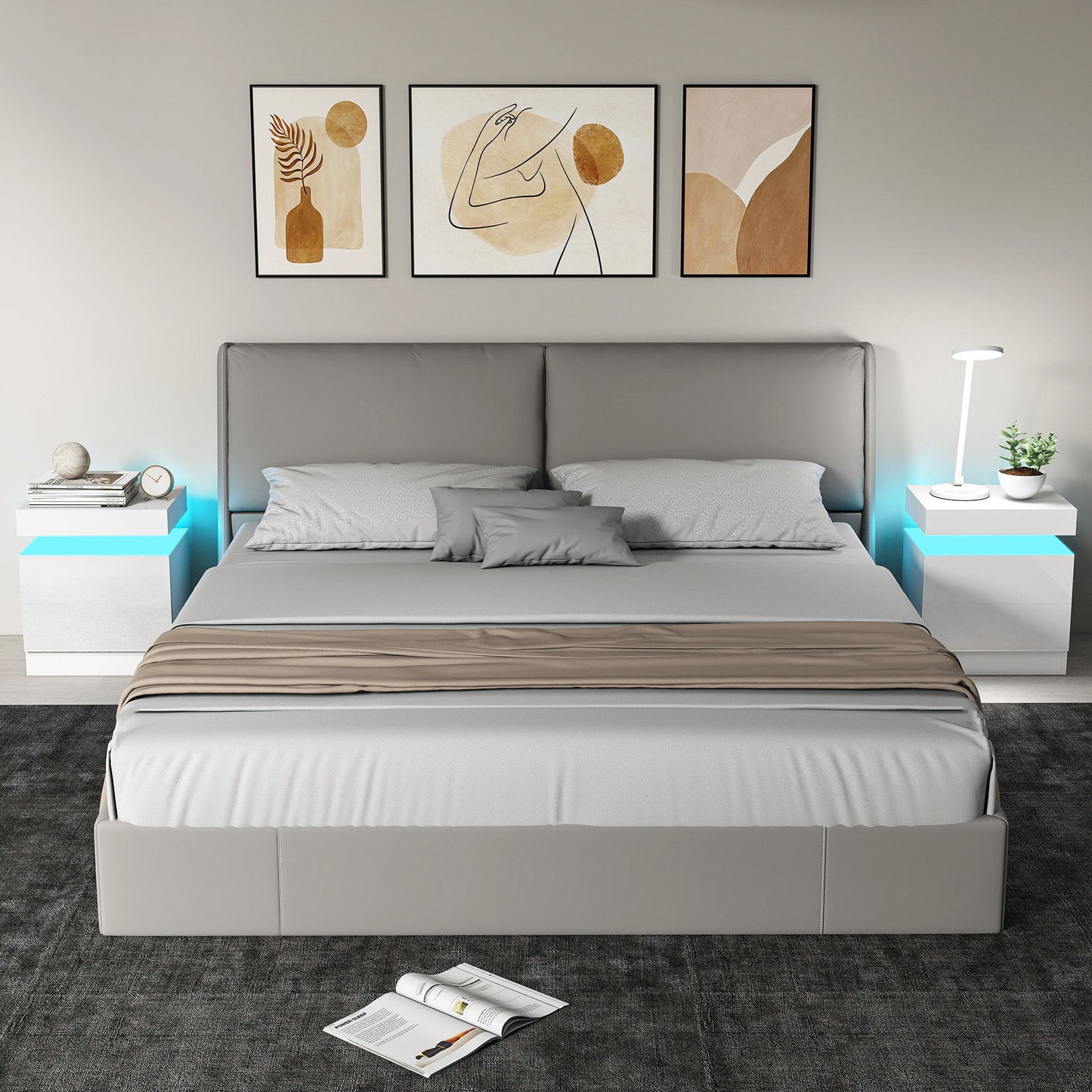 Nightstand Set of 2, End Side Tables with LED Lights, Bedside Tables with 2 Drawers, for Bedroom, White