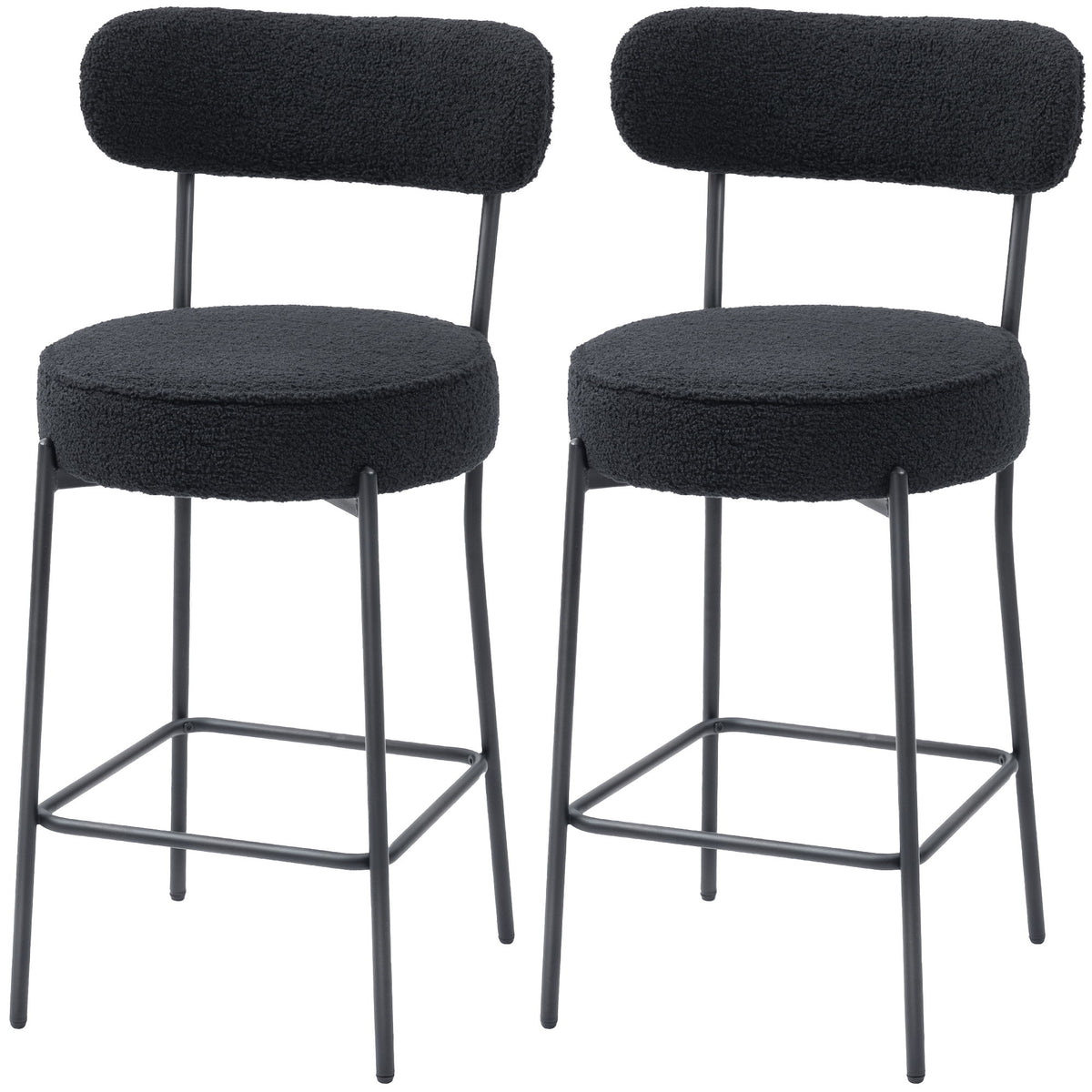 Set of 2 Barstools, Upholstered Bar Stools with Backrest, Footrest for Kitchen Island, Dining Room, Black