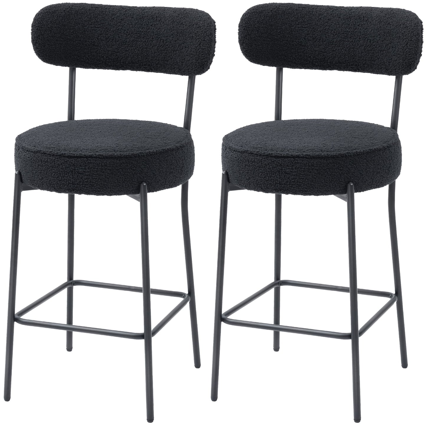 Set of 2 Barstools, Upholstered Bar Stools with Backrest, Footrest for Kitchen Island, Dining Room, Black