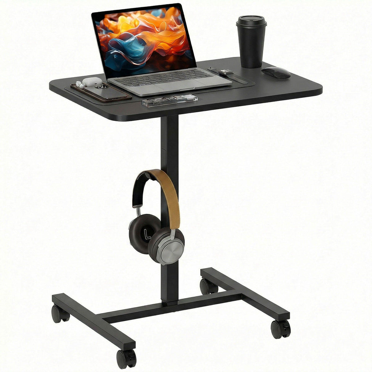 Height Adjustable Standing Desk with Wheels - Black Wood Grain