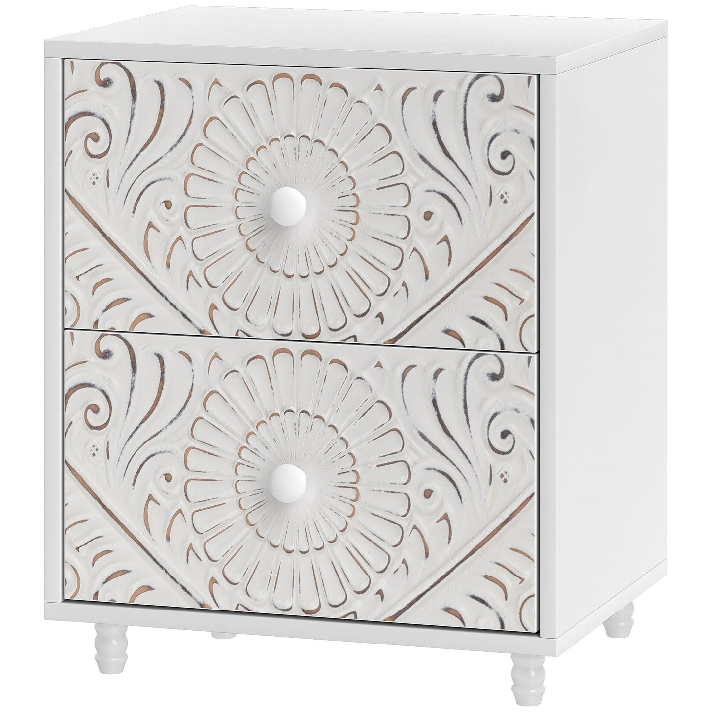 Mid-Century Bedside Table, Nightstand with 2 Drawers, Side End Table for Bedroom, White
