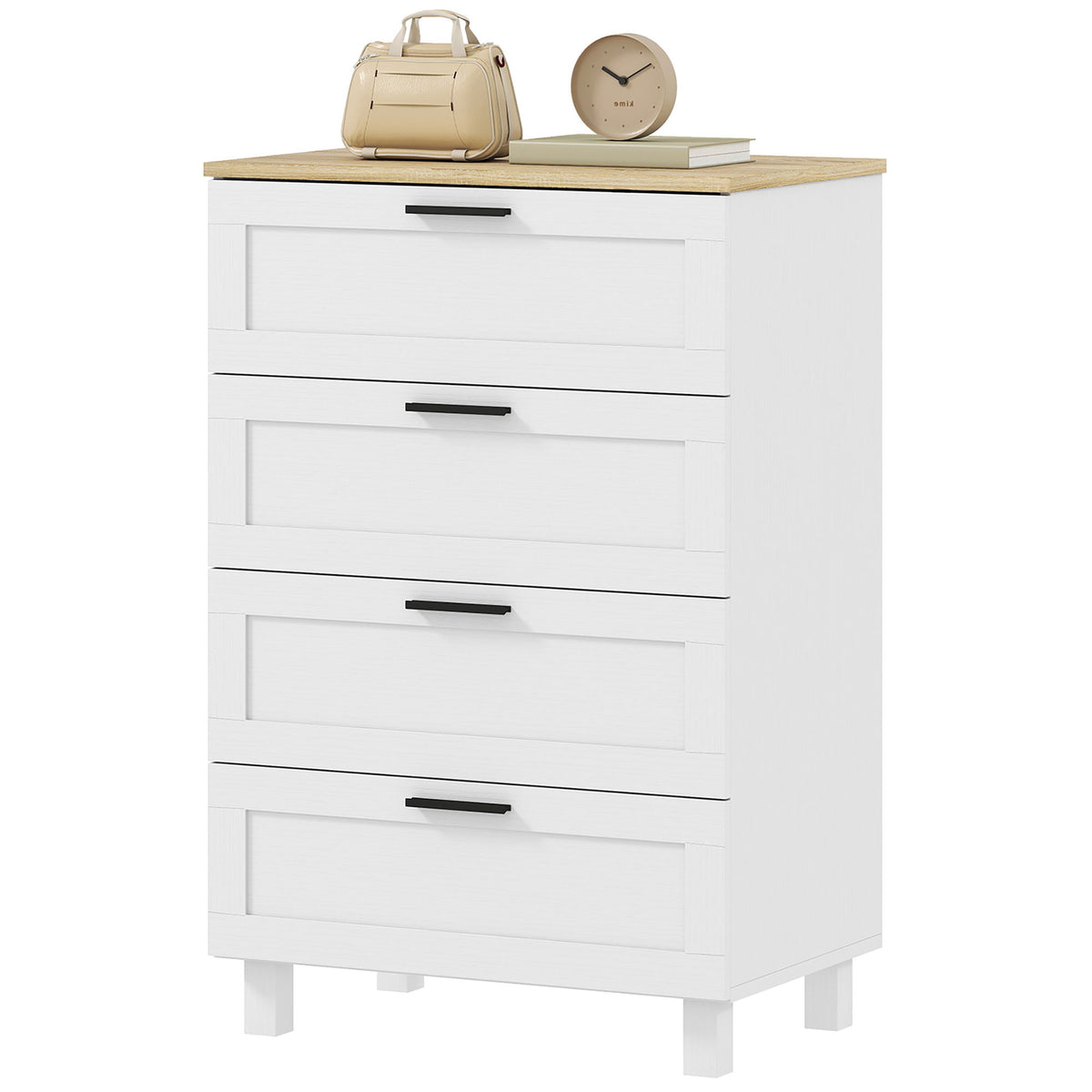 Dresser for Bedroom with 4 Drawers, Chest of Drawers with Solid Wood Legs for Closet, Living Room, Entryway, White