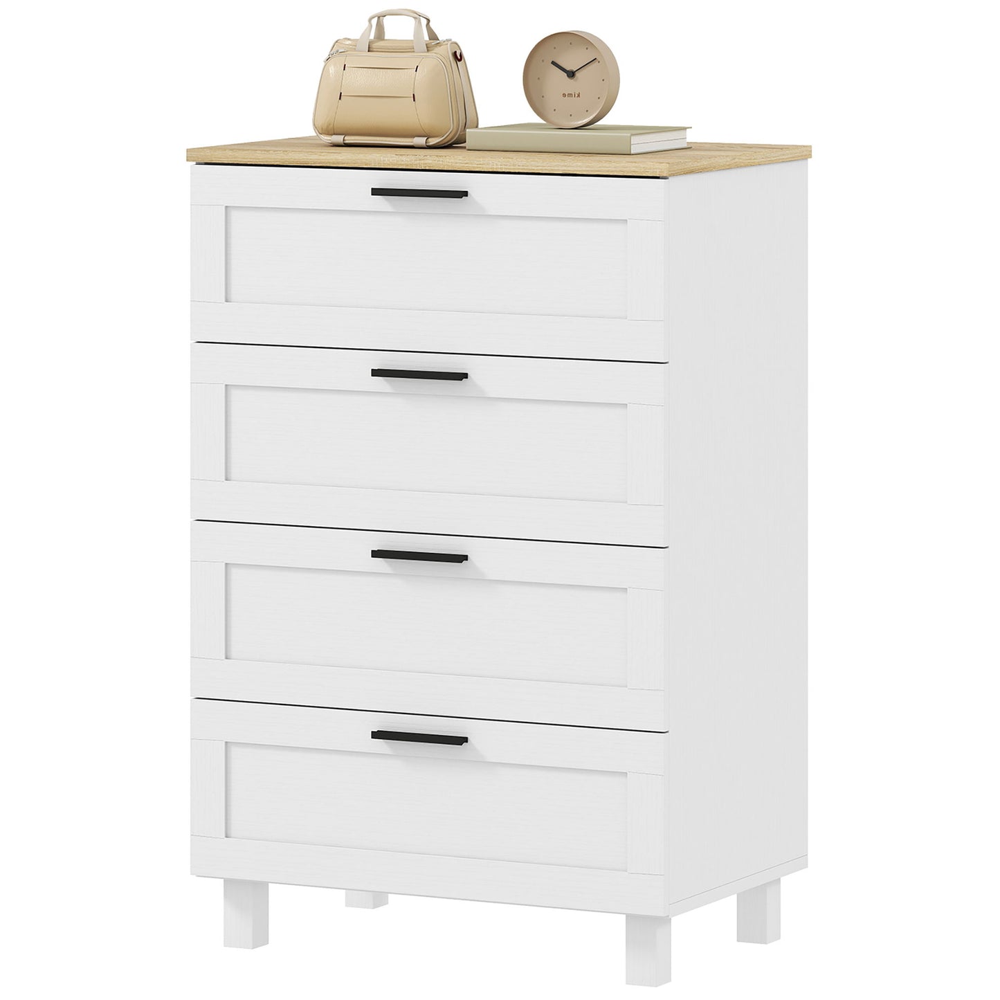 Dresser for Bedroom with 4 Drawers, Chest of Drawers with Solid Wood Legs for Closet, Living Room, Entryway, White
