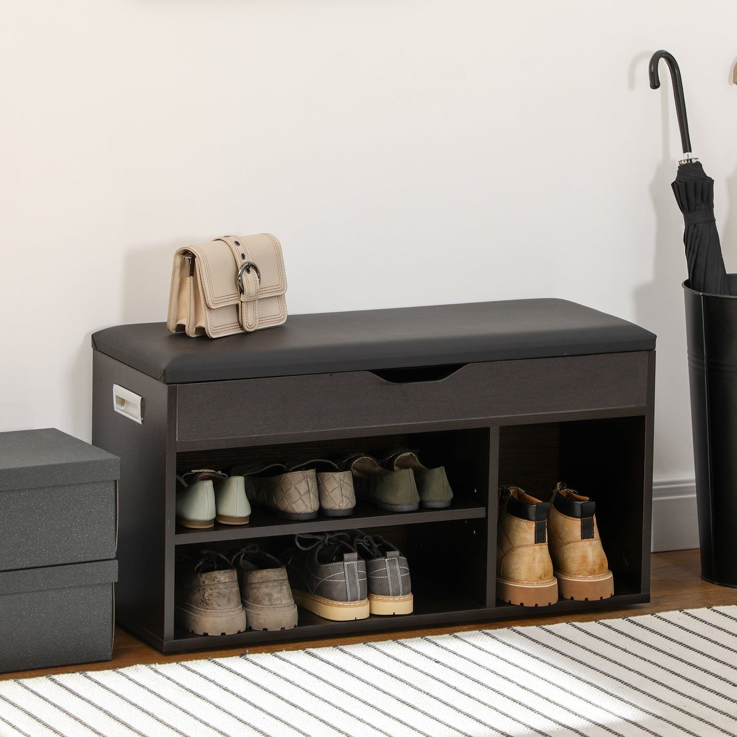 Shoe Storage Bench with Padded Cushion - Black