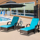 3 Pieces Wicker Patio Lounger Set with Table, PE Rattan Outdoor Lounge Chair Set with Cushions, Wheels, 5-Level Reclining Backrest, Headrest, Brown/Blue
