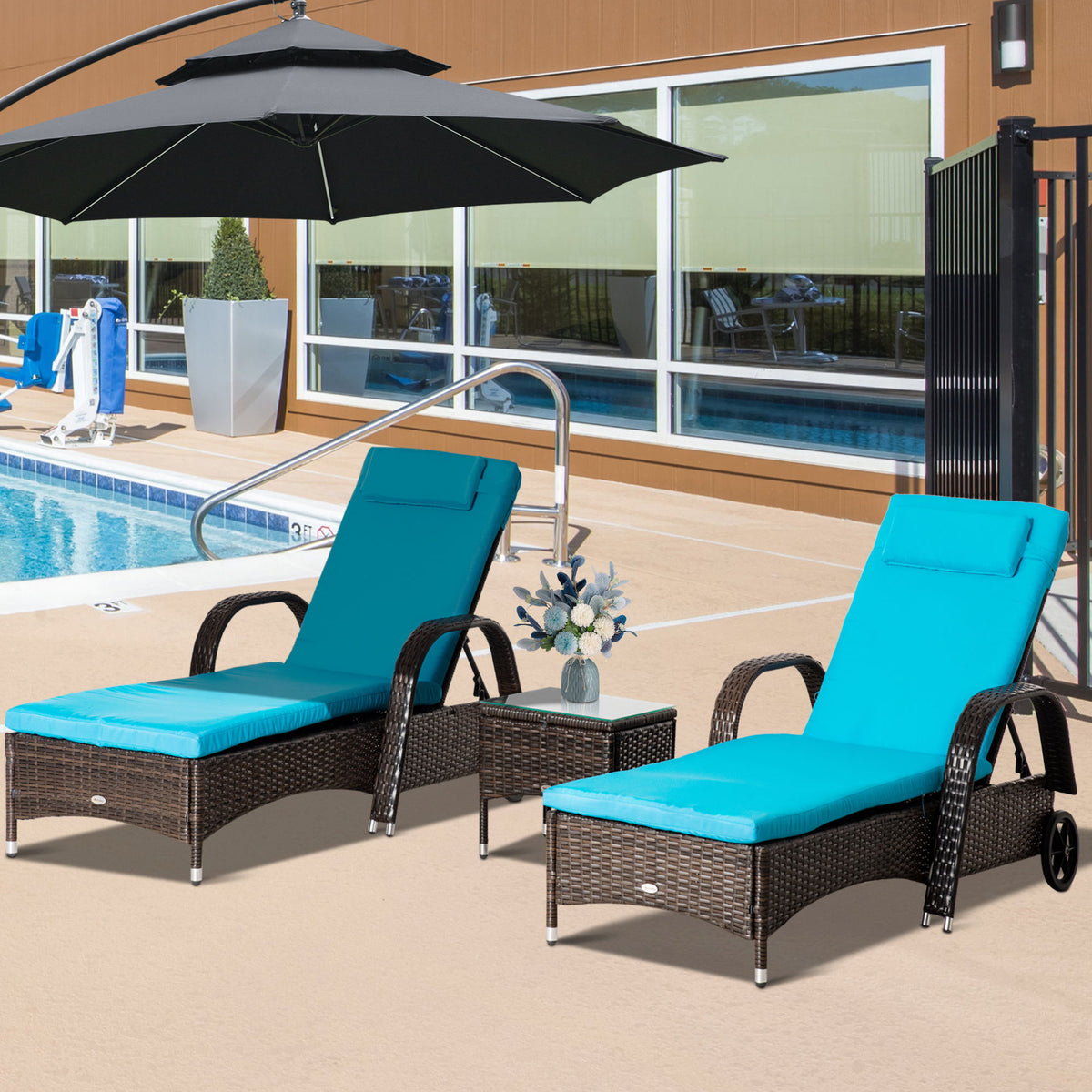 3 Pieces Wicker Patio Lounger Set with Table, PE Rattan Outdoor Lounge Chair Set with Cushions, Wheels, 5-Level Reclining Backrest, Headrest, Brown/Blue