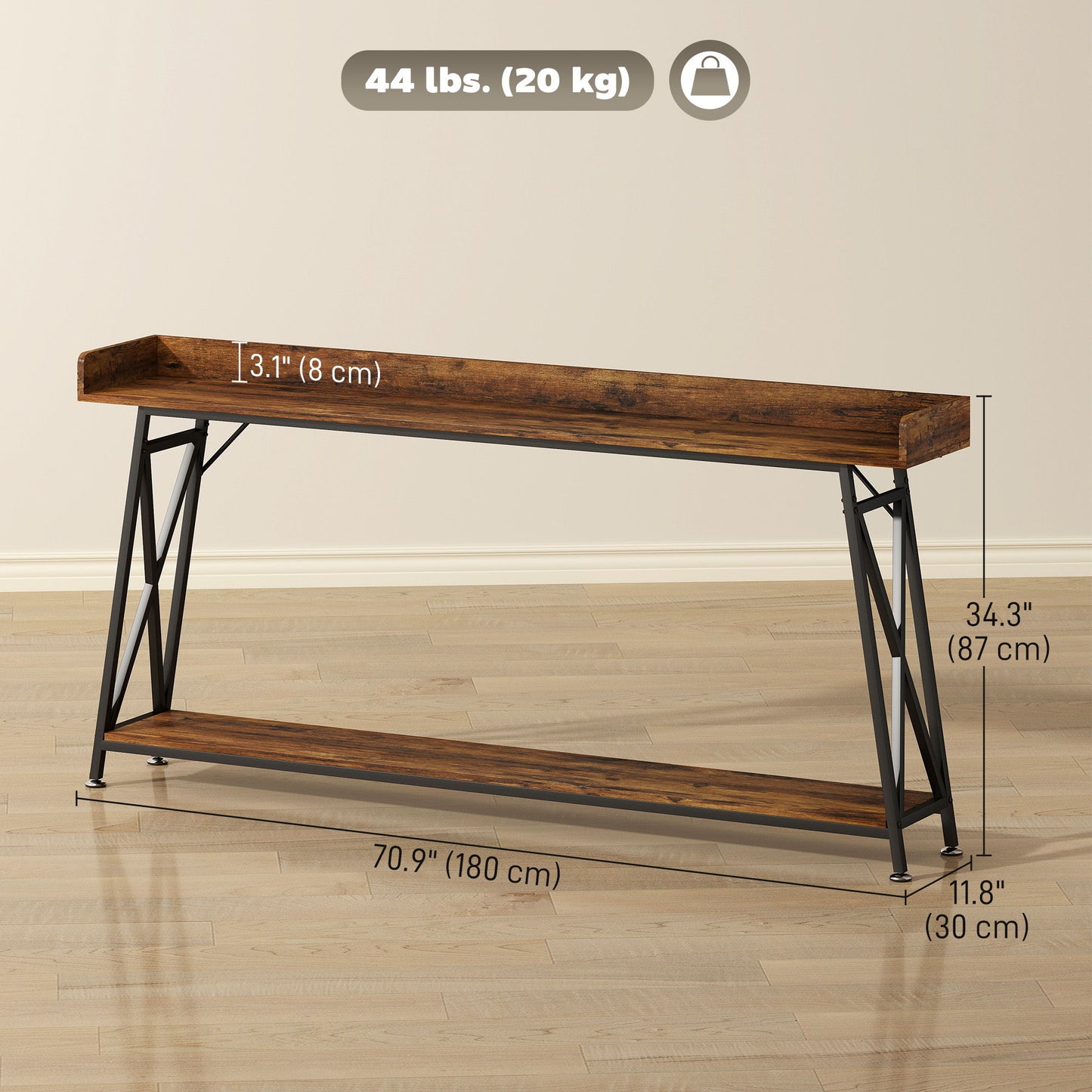 71" Extra Long Console Table with Storage Shelf and Guardrails, Industrial Entryway Table for Living Room, Rustic Brown