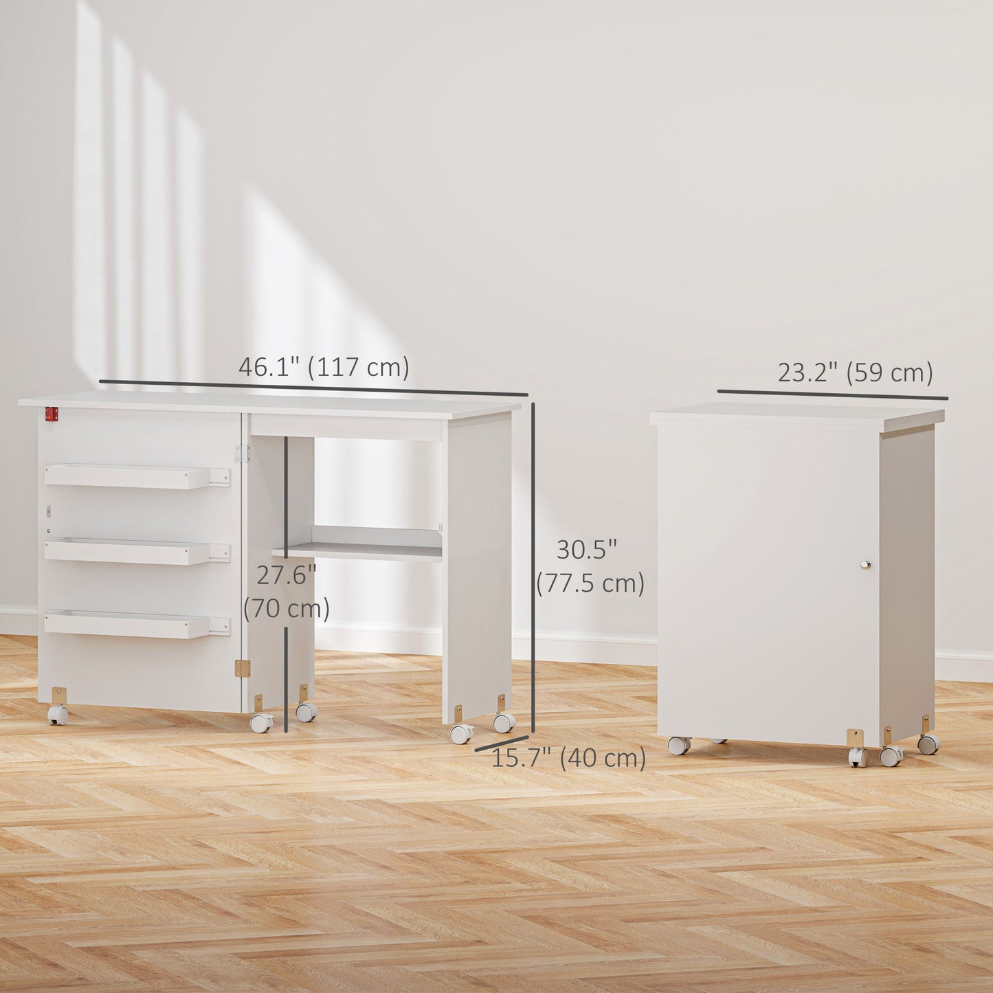Sewing Machine Cabinet, Folding Sewing Table with Storage Shelf, Bins and Lockable Wheels for Small Space, White