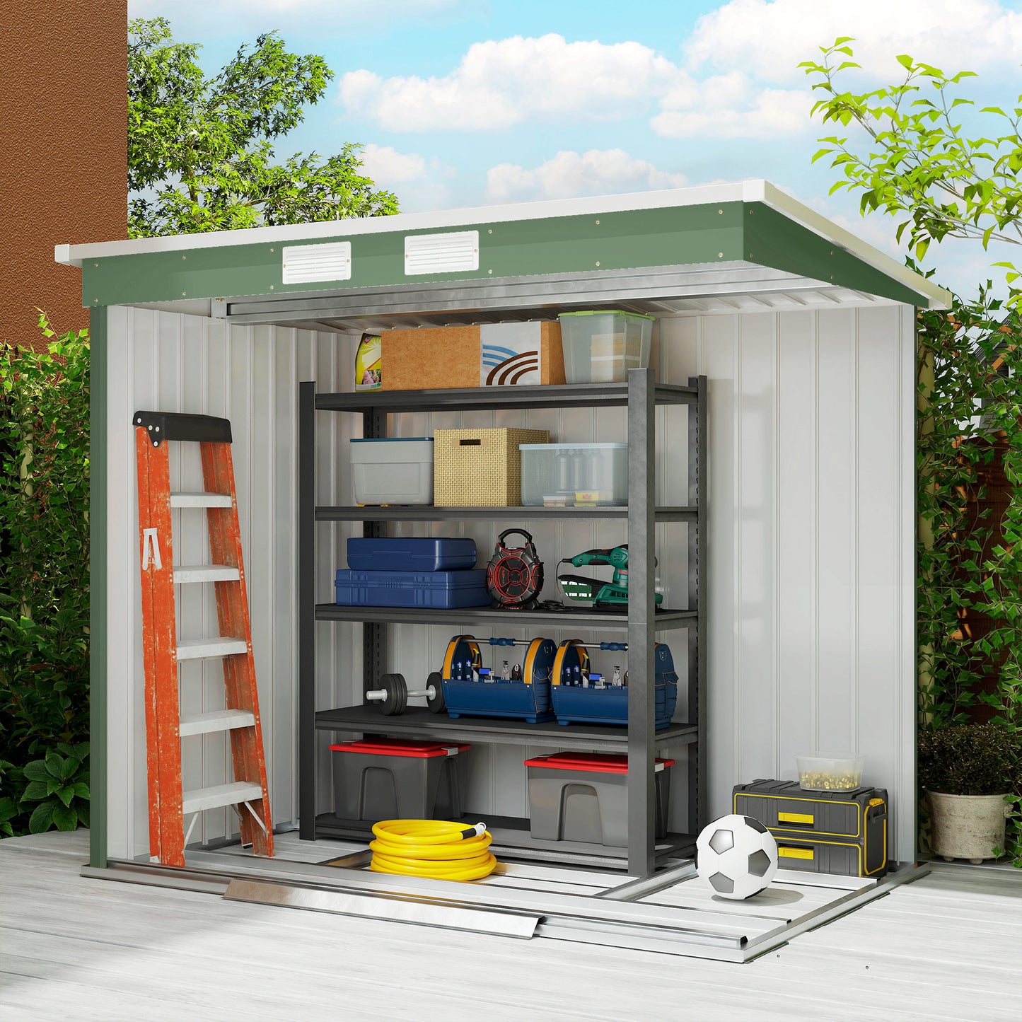7' x 4' Galvanised Steel Garden Shed, with Foundation Kit - Green
