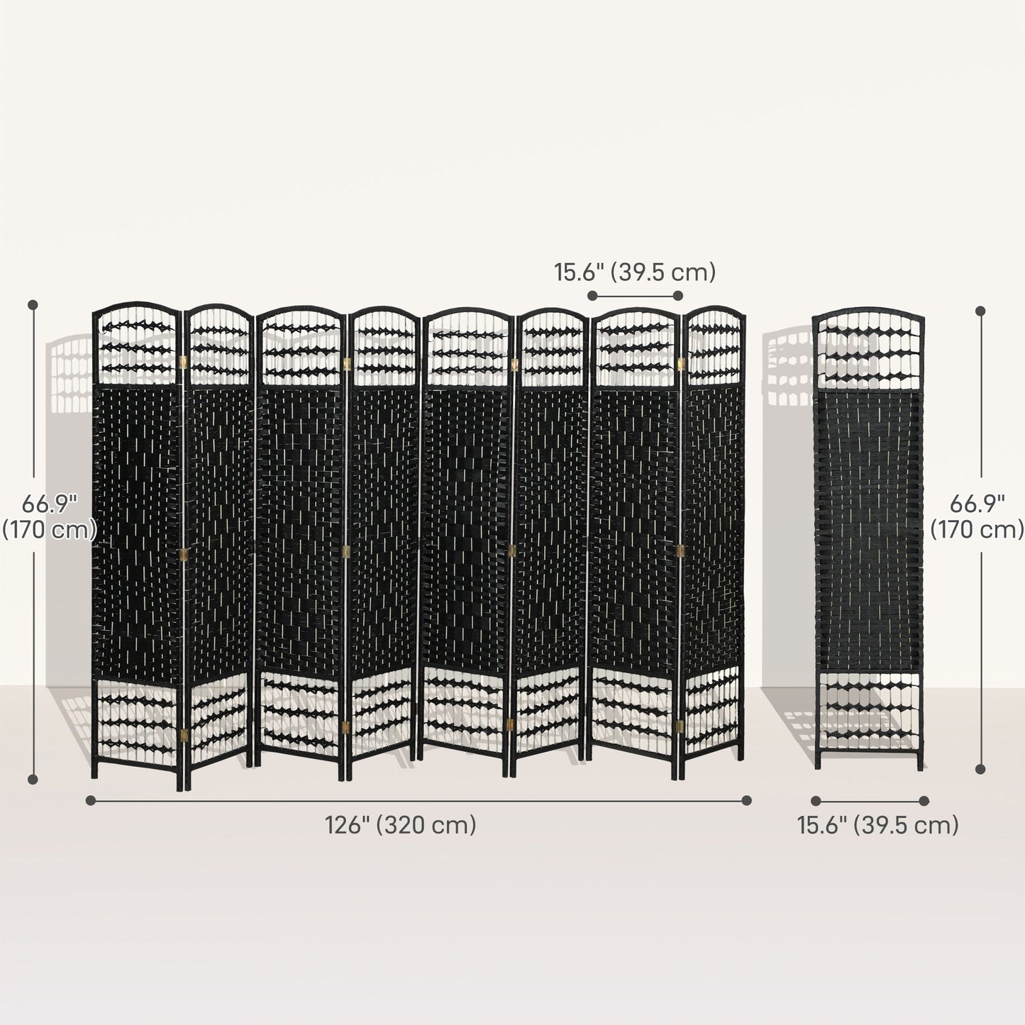8 Panel Folding Room Divider, Portable Privacy Screen, Wave Fiber Room Partition for Home Office, Black