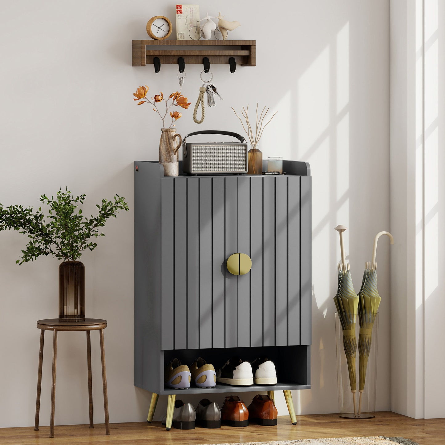 Entryway Shoe Storage Cabinet, Narrow Shoe Cabinet with Adjustable Shelves and Open Shelf for 15 Pairs of Shoes, Grey