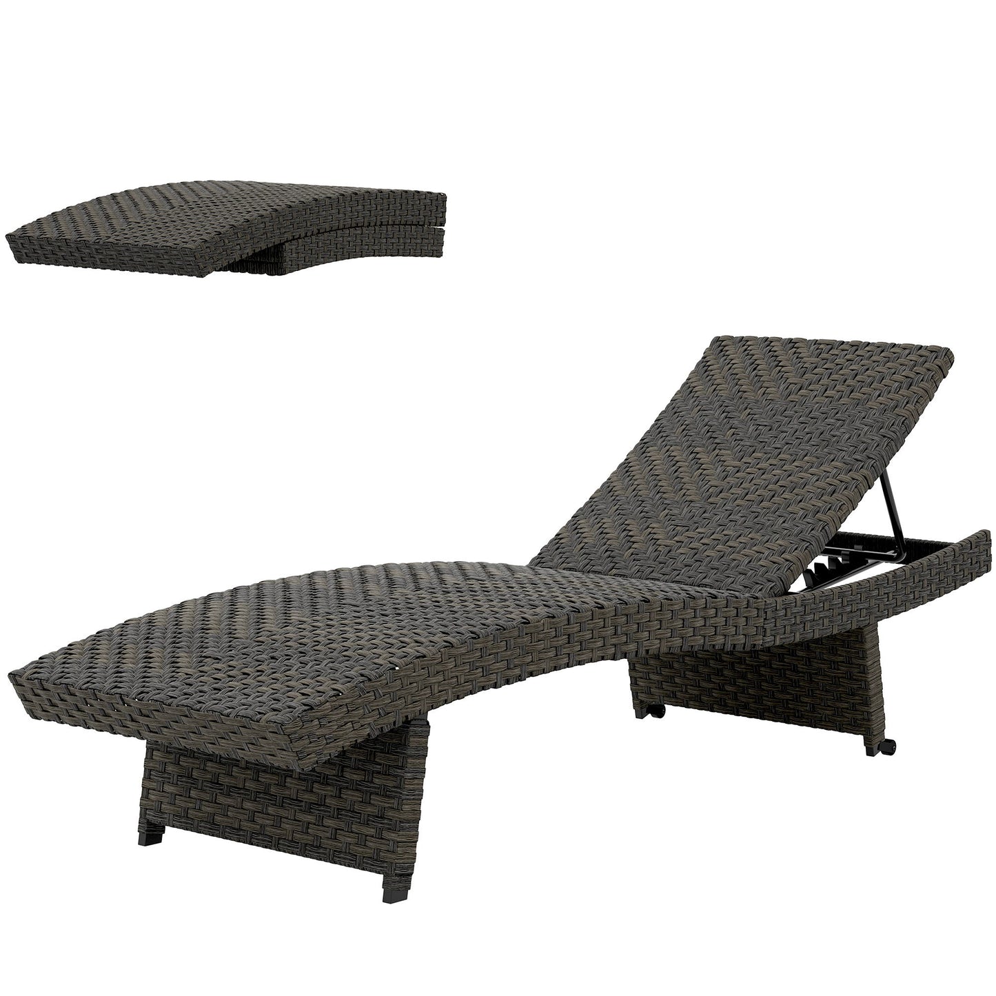 Rattan Folding Outdoor Lounger Chair Recliner with 5-Level Adjustable Backrest, Wheels for Garden, Patio, Mixed Brown
