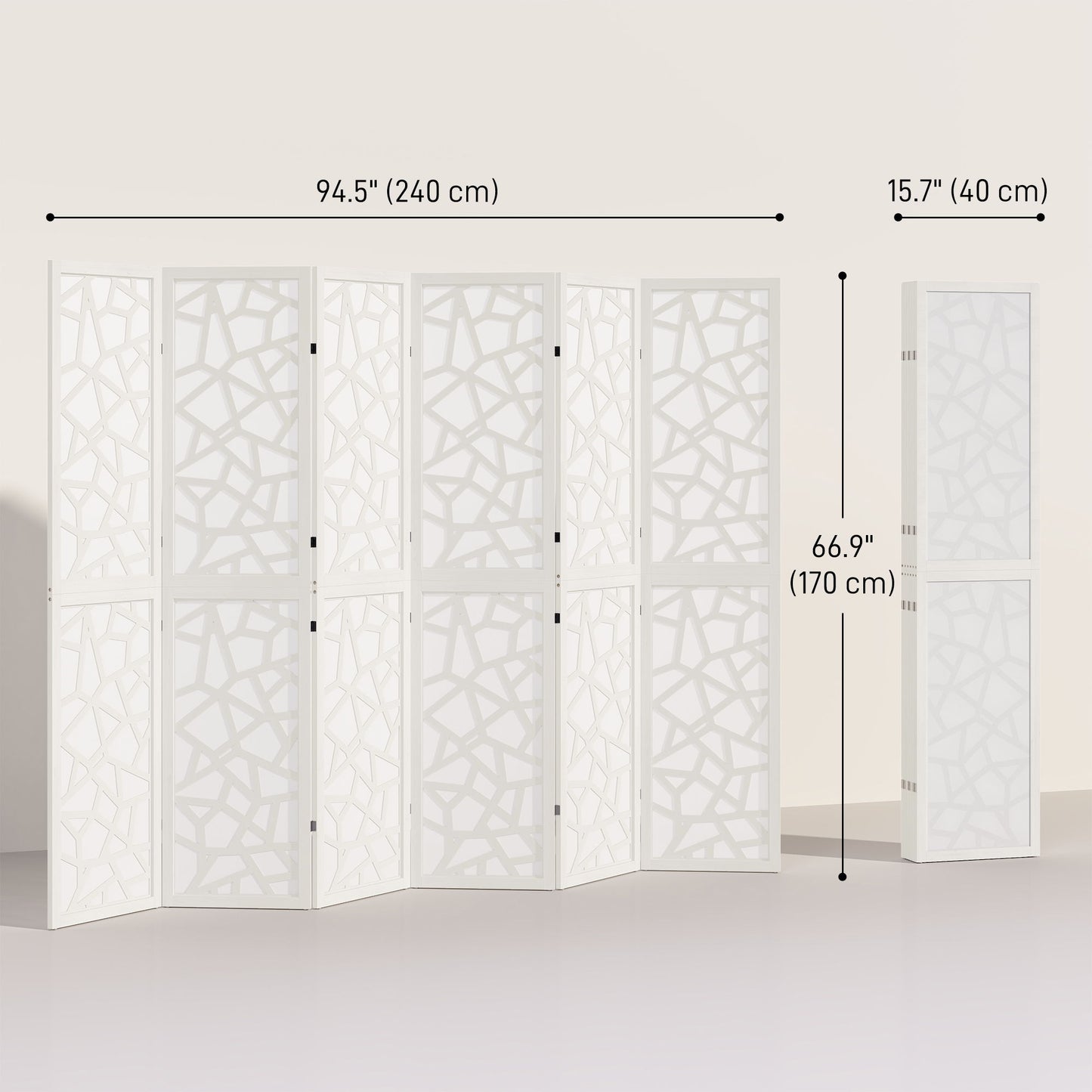 6 Panel Room Divider, 5.6 FT Lightweight Folding Privacy Screen with Geometric Pattern for Living Room, Bedroom, White