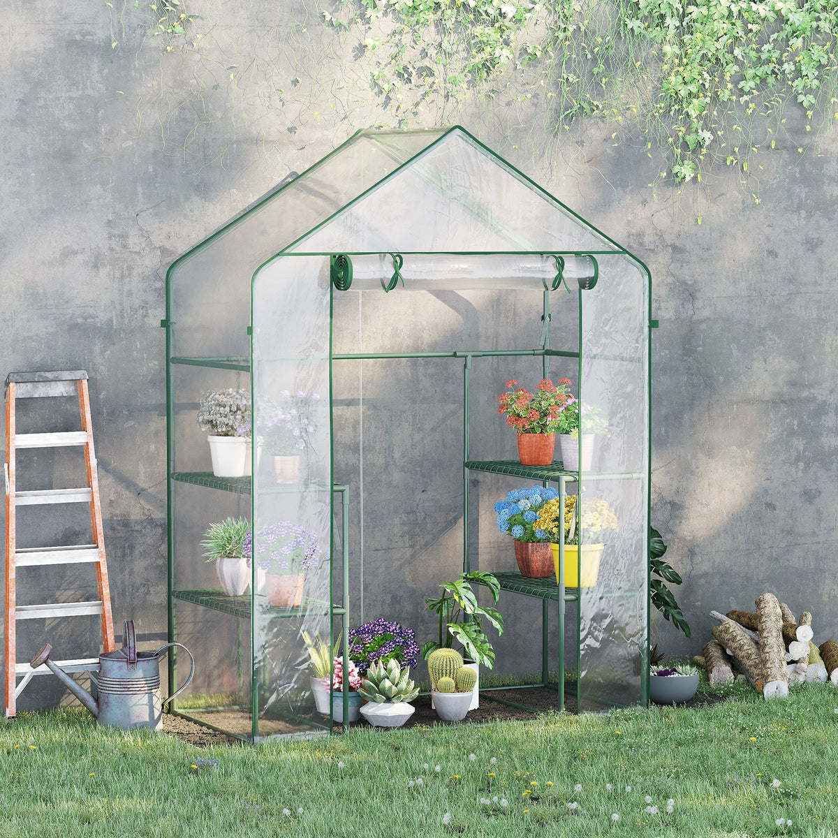 56" x 29" x 77" Walk-in Greenhouse, Mini Greenhouse with 4 Shelves, Roll-Up Door and Weatherized Cover, Clear
