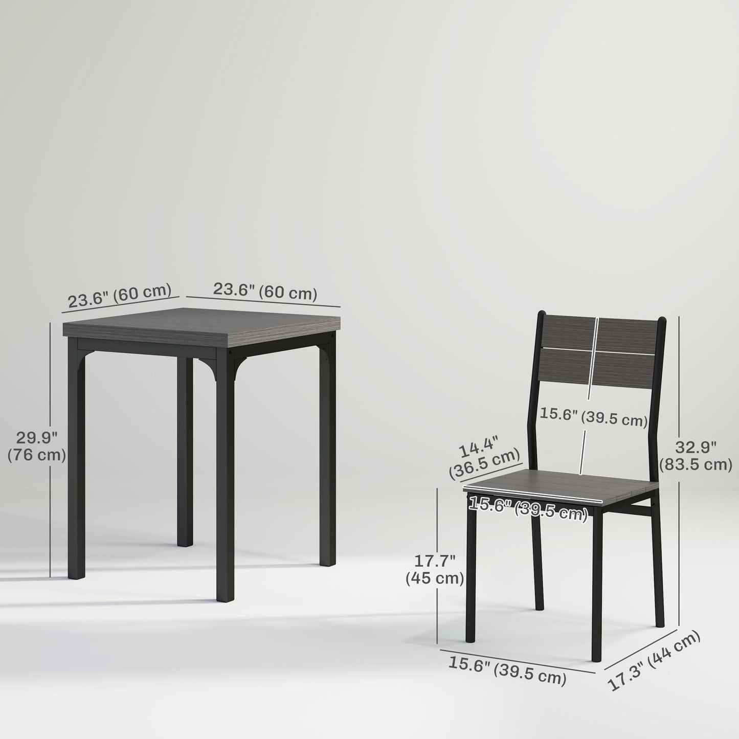 Dining Table Set for 2, 3 Piece Kitchen Table and Chairs with Metal Legs for Small Spaces, Grey Wood Effect
