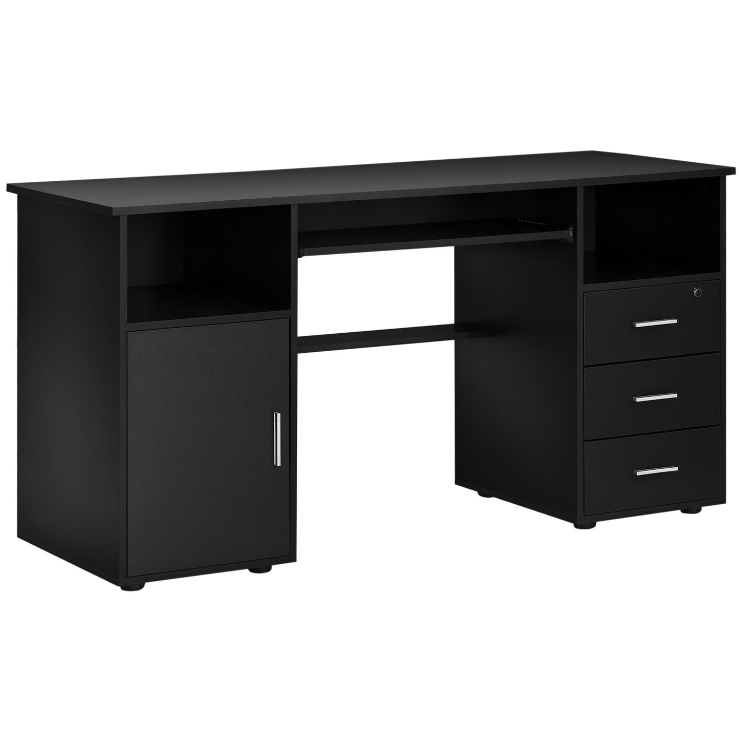 57" Computer Desk with Drawers, Home Office Desk with Keyboard Tray, Open Shelves and Lockable Drawer, Writing Workstation for Study, Black