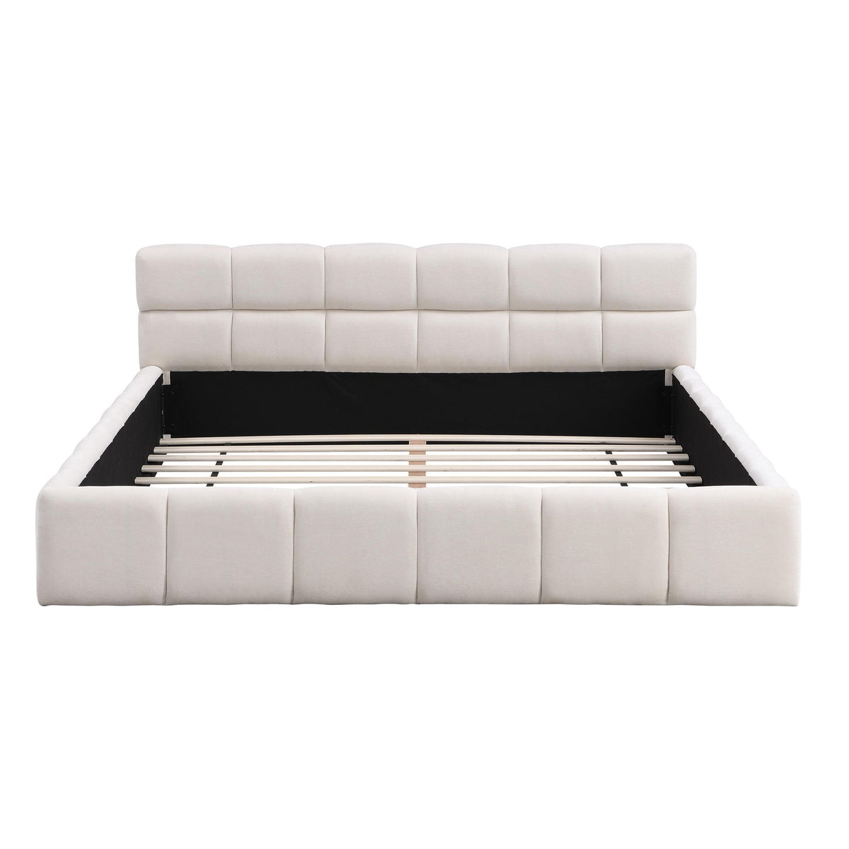 Queen-Size Chenille Upholstered Bed with Checkerboard Headboard, Durable Bed Frame for Homes and Families, 88'' L x 67.5'' W x 24'' H, Beige