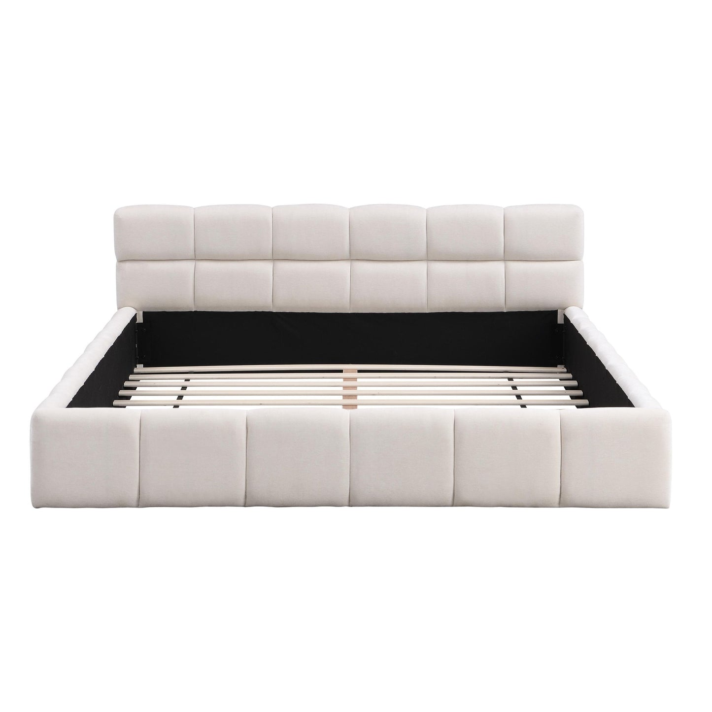 Queen-Size Chenille Upholstered Bed with Checkerboard Headboard, Durable Bed Frame for Homes and Families, 88'' L x 67.5'' W x 24'' H, Beige