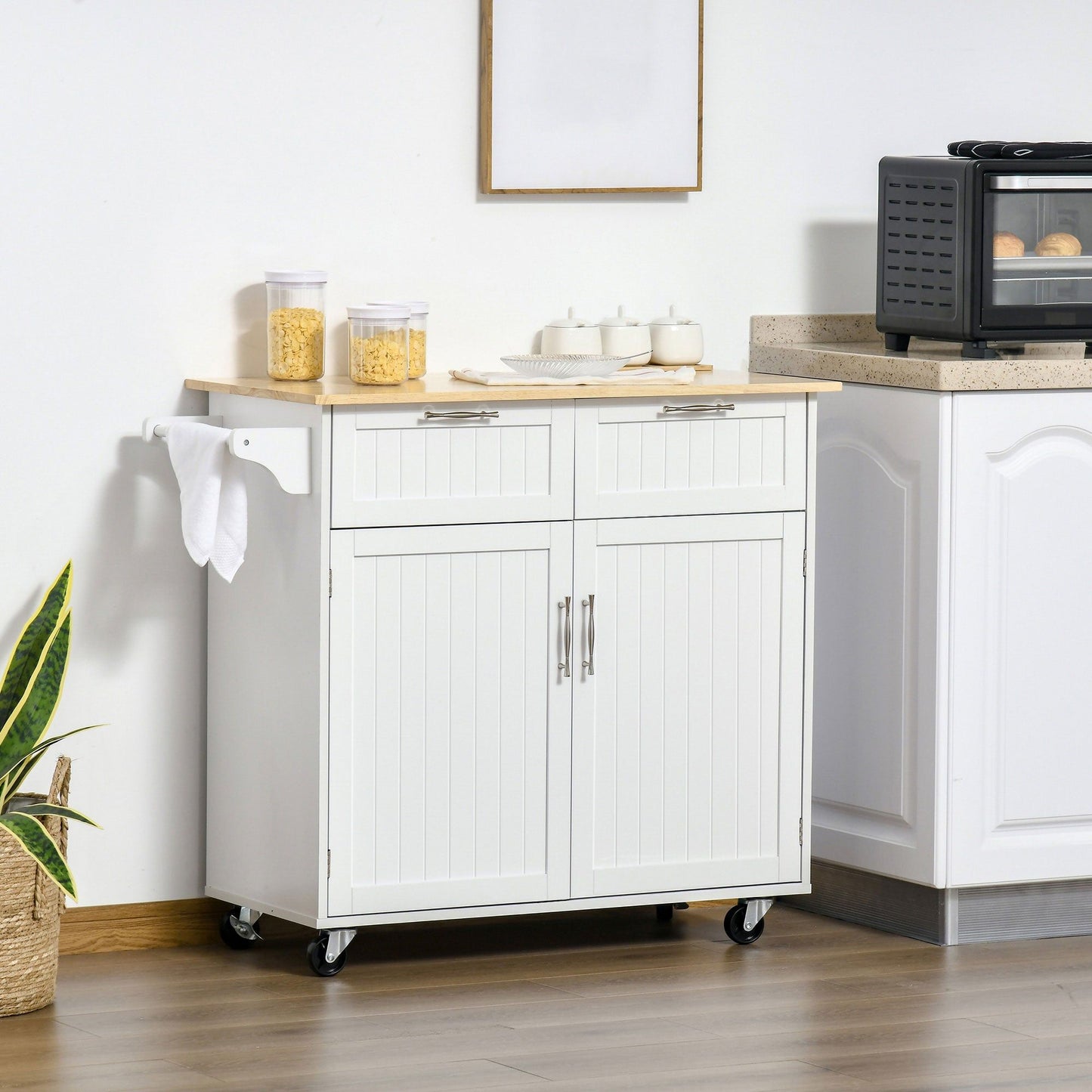 Rolling Kitchen Island with Wood Top and Drawers - White