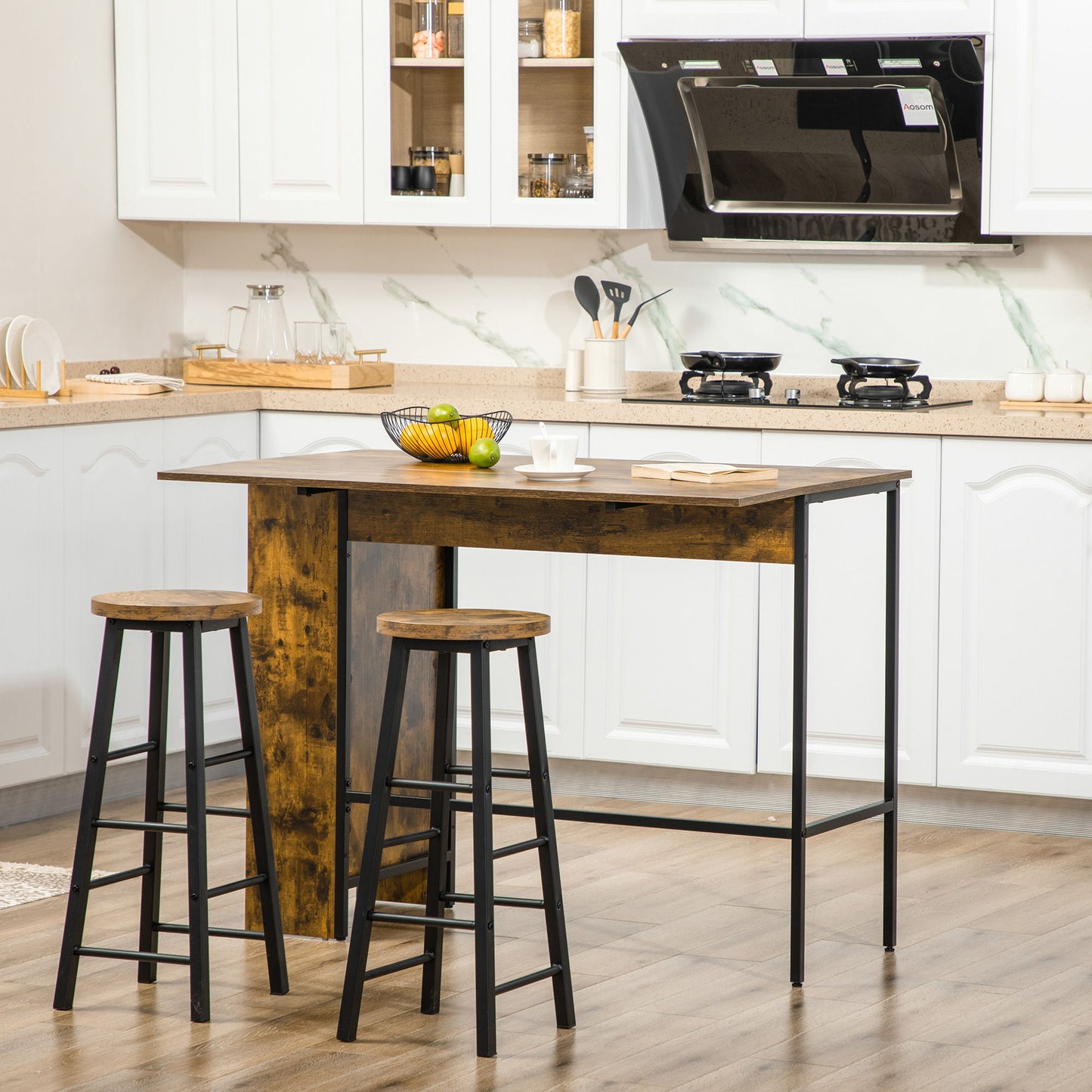 Counter Height Table with Drop Leaf, Extendable Bar Table with Adjustable Storage Shelf, Rustic Brown