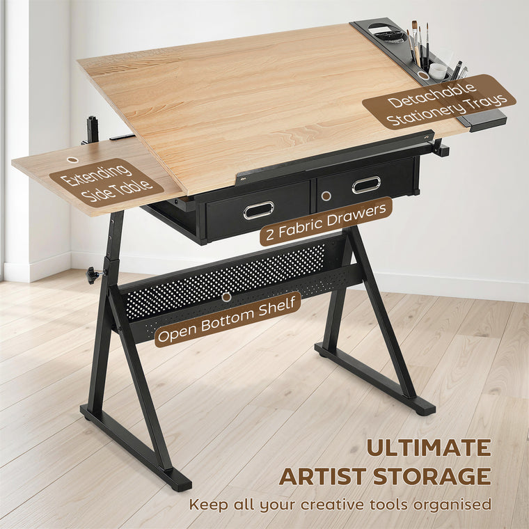 Adjustable Drafting Table with Stool and Storage - Oak