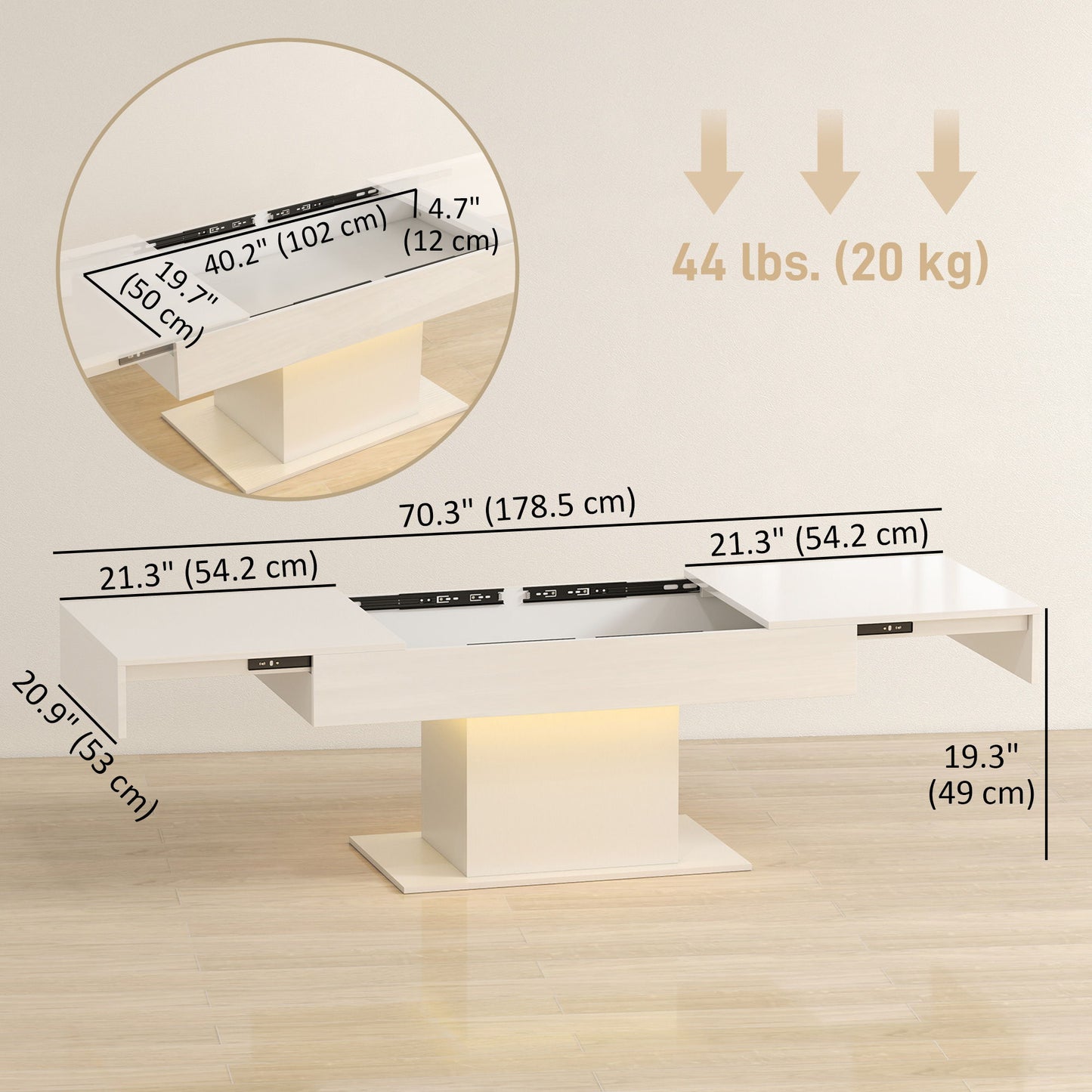 Extendable Coffee Table with LED Lights, Modern High Gloss Center Table with Hidden Storage for Living Room, White