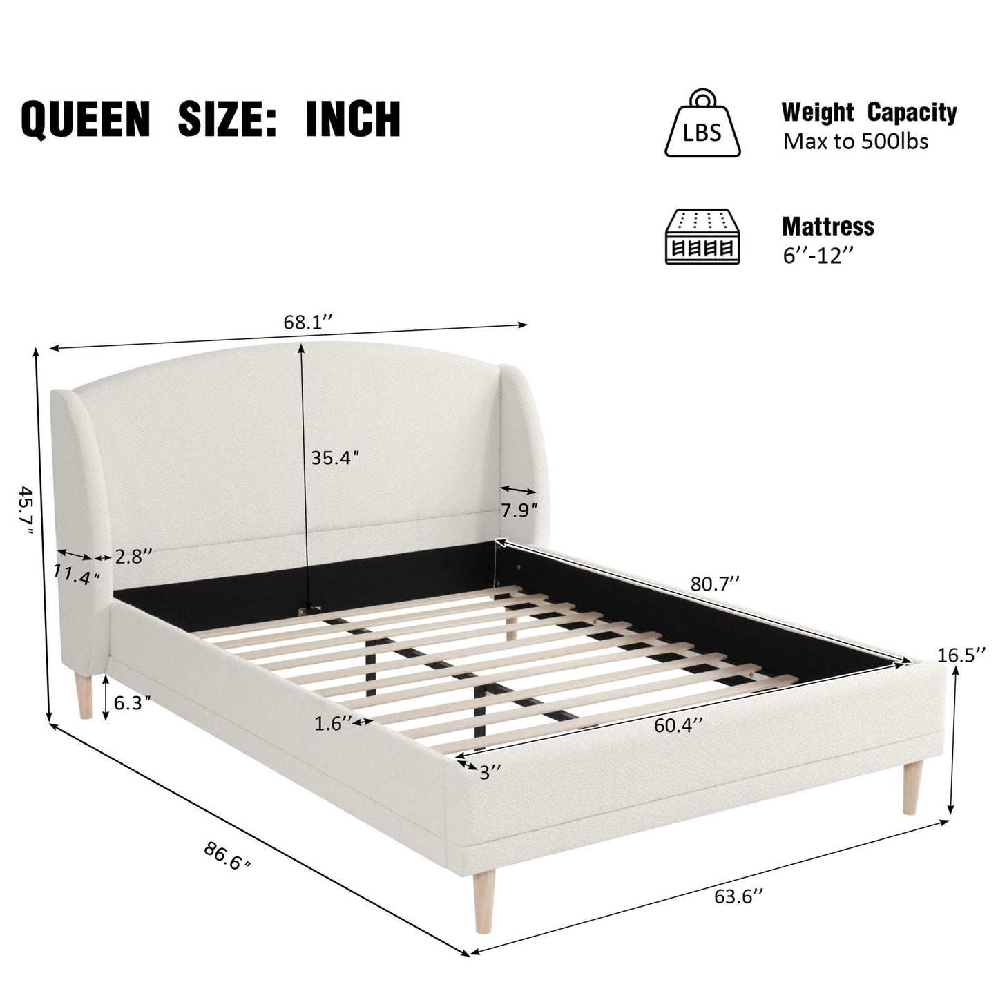 Hazel Queen Bed Frame with Soft Boucle Wingback Headboard, Upholstered Platform Bed with Wood Slats, 86.5'' L x 68'' W x 45.5'' H, White