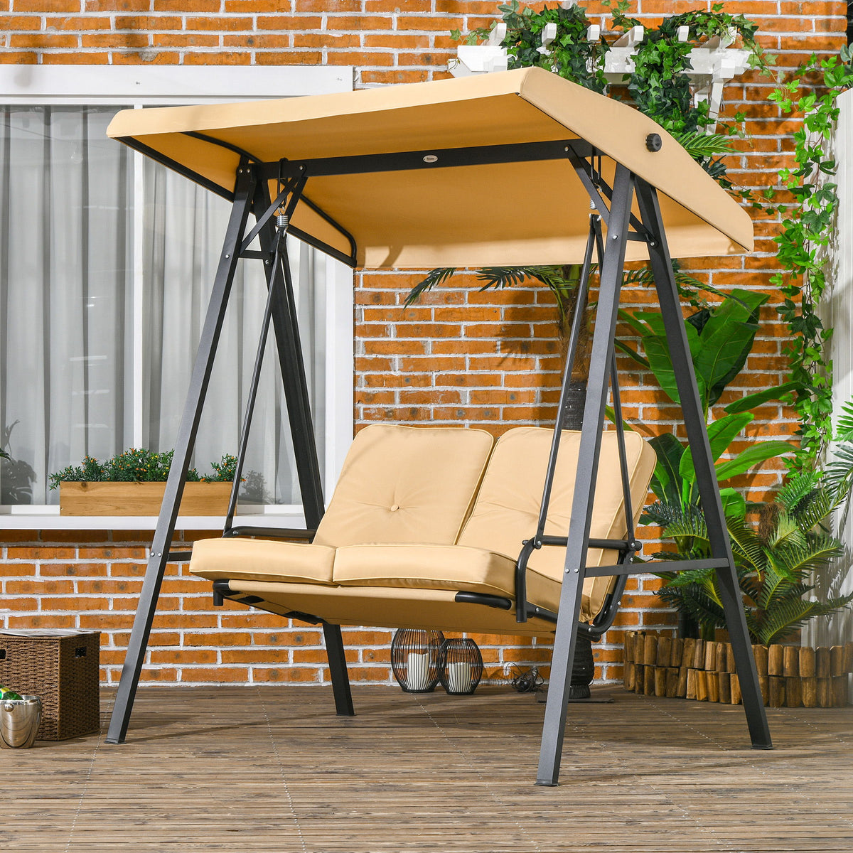 2-Seater Outdoor Porch Swing with Adjustable Canopy, Patio Swing Chair for Garden, Poolside, Backyard, Beige