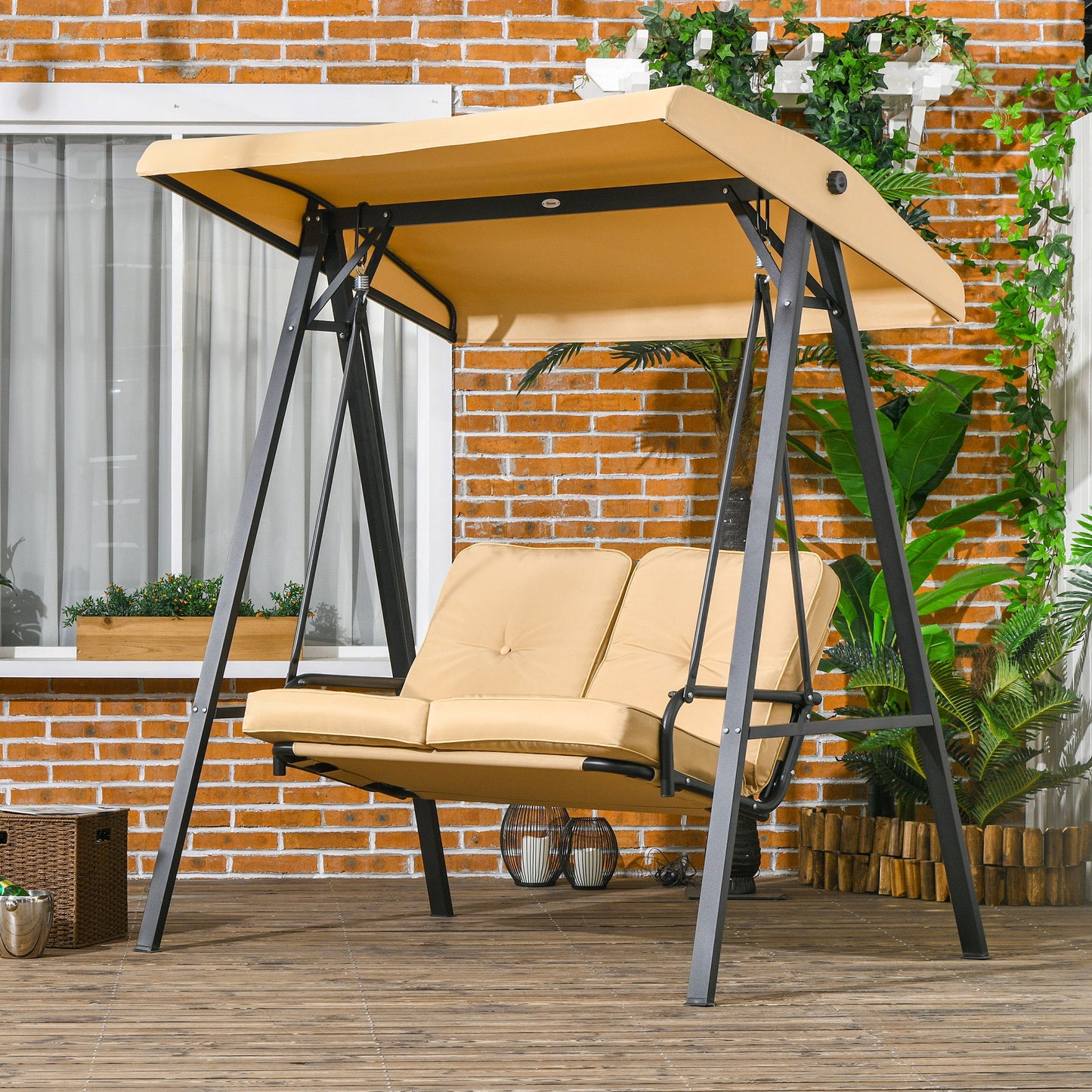 2-Seater Outdoor Porch Swing with Adjustable Canopy, Patio Swing Chair for Garden, Poolside, Backyard, Beige