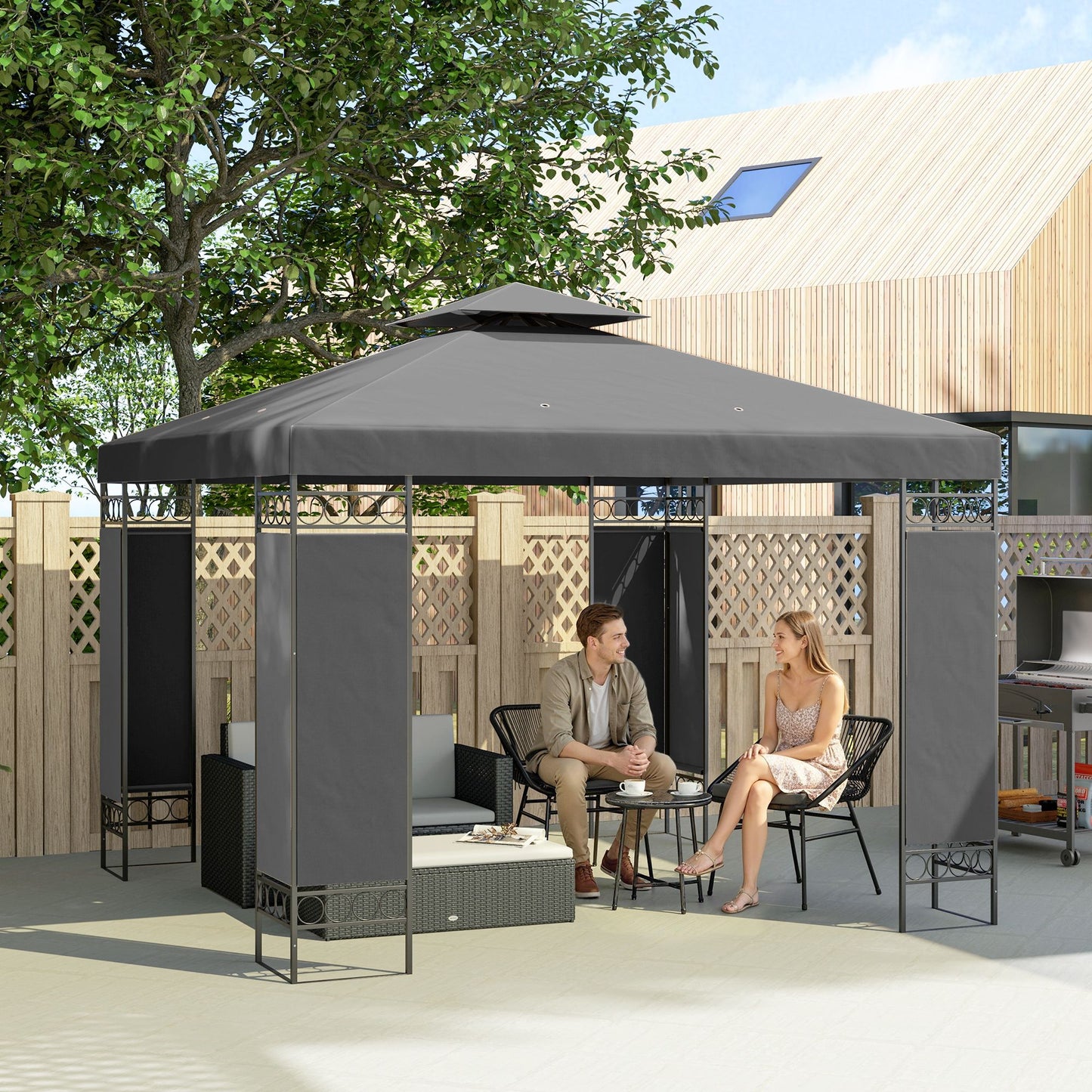 10 x 10 FT Canopy Gazebo, Double Roof Patio Gazebo with Screen Panels and Metal Frame for Deck, Backyard, Dark Grey