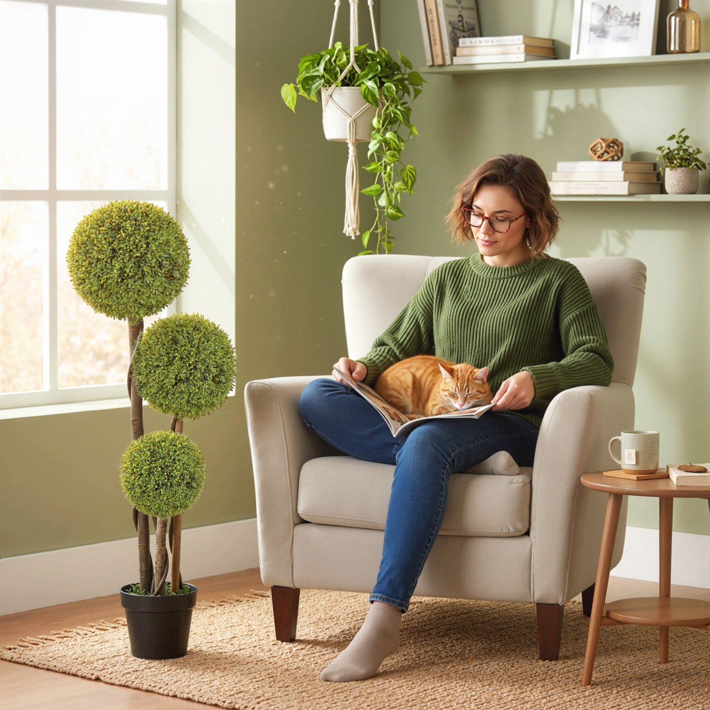 45 Inch Potted Fake Plant Set of 2, Artificial Boxwood Topiary Tree, Triple Ball Tree for Indoor and Outdoor, Green