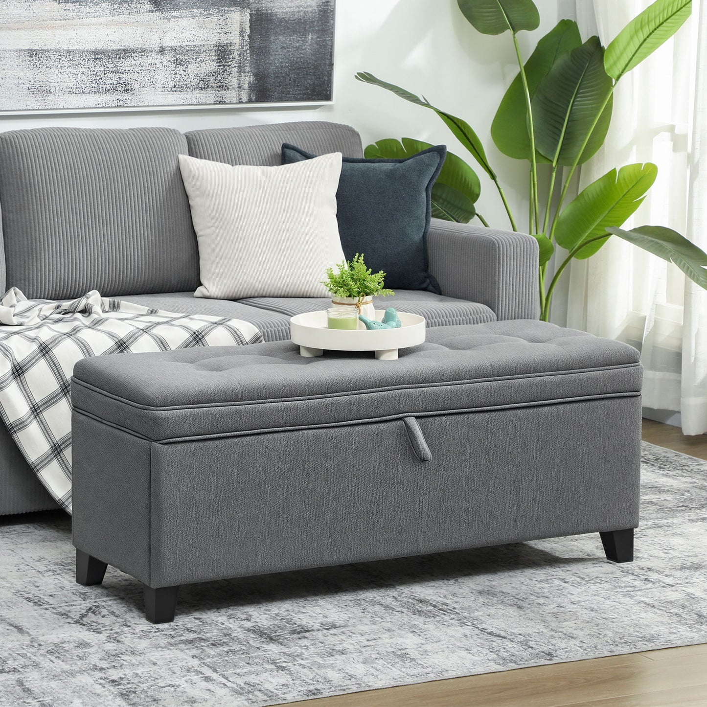 Storage Ottoman Bench, Foot Rest with Safety Hinges, 47 Inches Linen Storage Chest for Living Room, Dark Grey