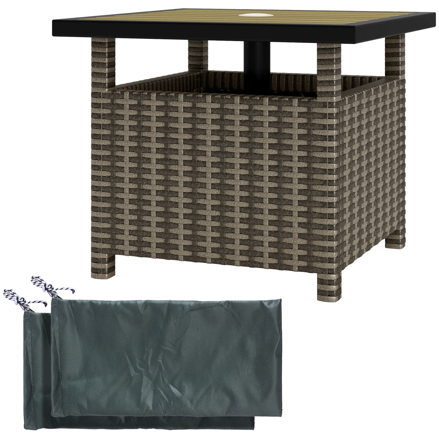 22" Square Steel PE Rattan Wicker Table With Umbrella Hole, Outdoor Patio Accent Dining Side Table Used as Umbrella Stand, Mixed-Grey