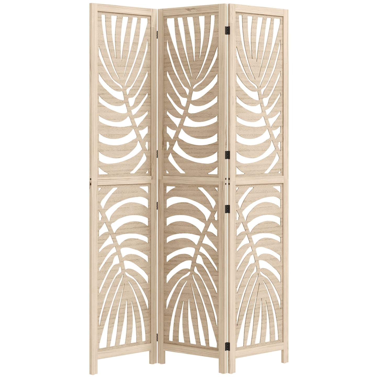 3 Panel Room Divider, Detachable Folding Privacy Screens with Palm Leaf Design for Home Office, Natural Wood Finish