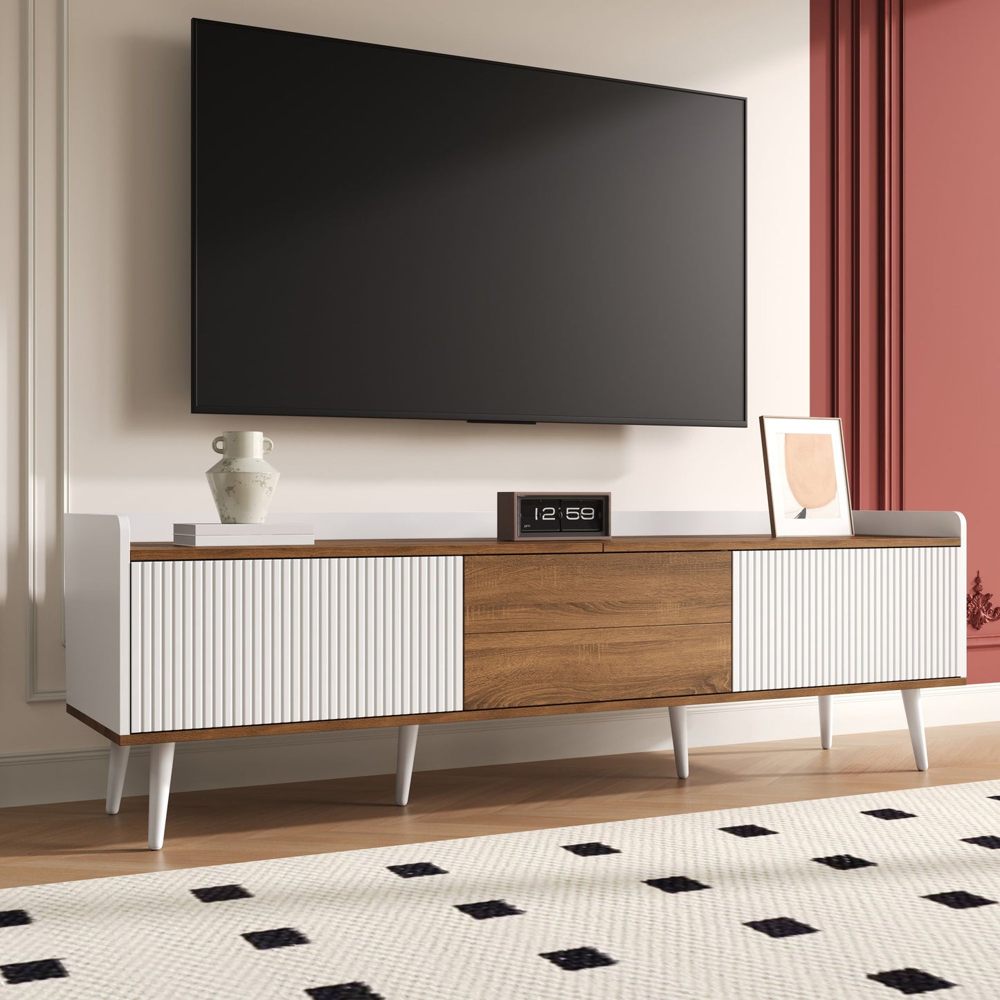 TV Stand with Three Doors and Sturdy Wooden Legs, Raised Edge for Safety, Easy to Install, 63" L x 15.5" W x 19.5" H, White+Natural