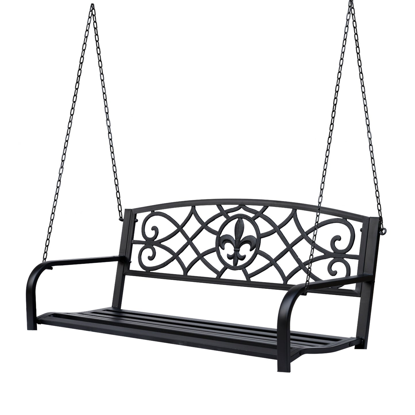50"L Steel Porch Swing Fleur-De-Lis Patio Swing Chair Hanging Bench Outdoor 2-person Glider Chair Seat w/ Chain Antique Style Black