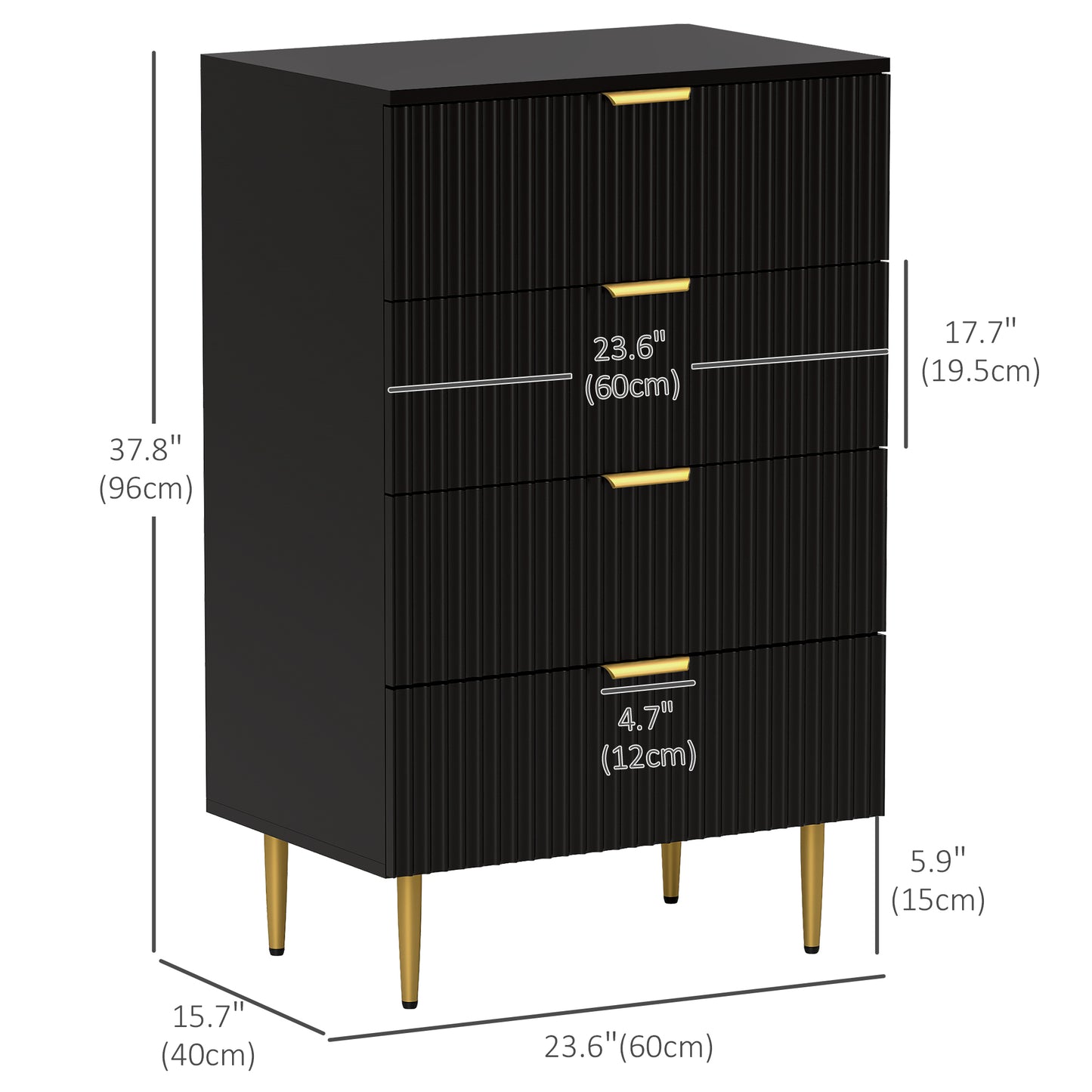 Modern Chest of Drawers 4 Drawer Dresser for Bedroom with Gold Legs and Handles, Black