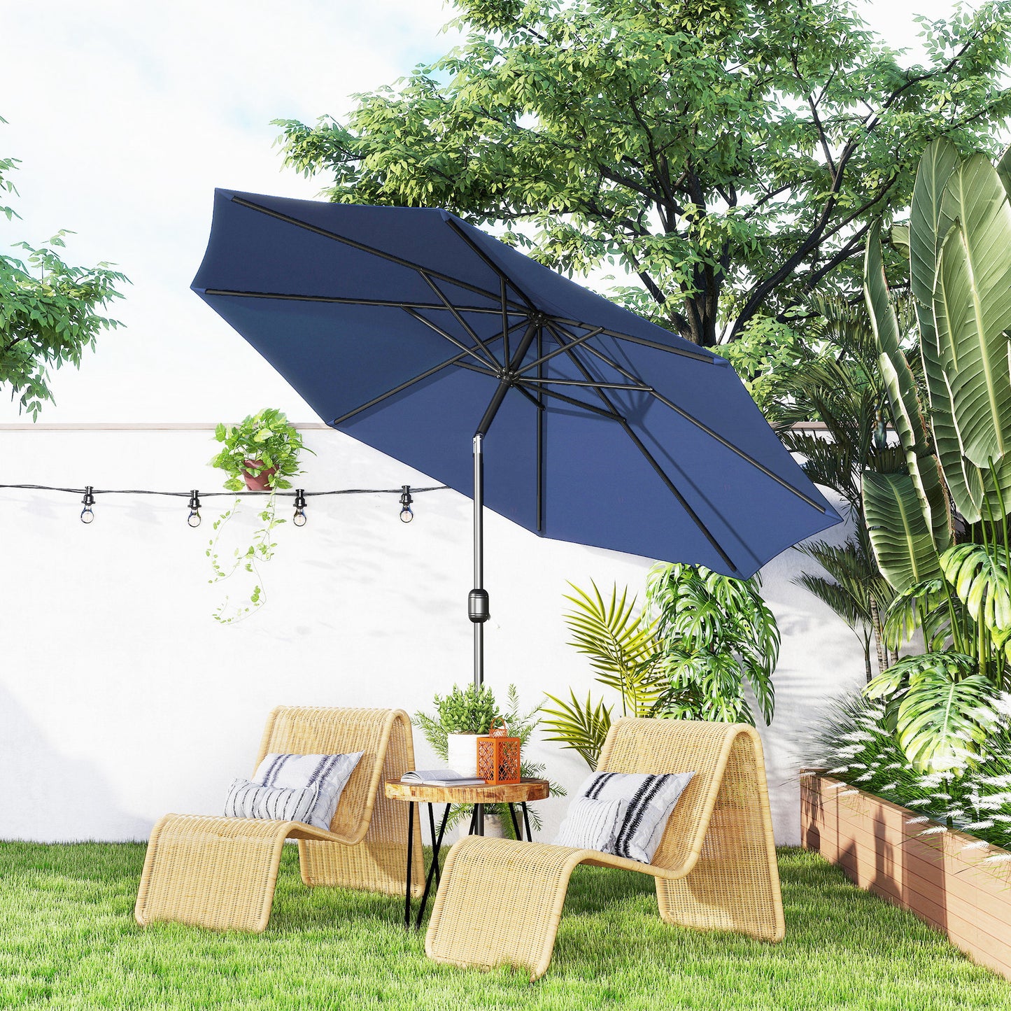 10' x 8' Round Market Umbrella, Patio Umbrella with Crank Handle and Tilt, Outdoor Parasol for Garden, Blue
