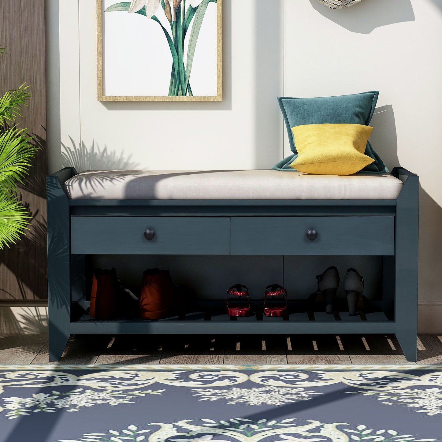 Shoe Rack with Cushioned Seat and Drawers, Pine Wood Frame, Multipurpose Entryway Storage Bench, 39" L x 14" W x 20" H, Antique Navy