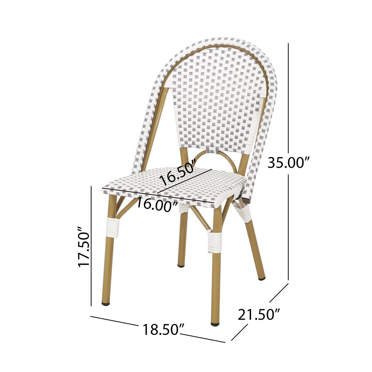 Set of 2 French Bistro Chairs with PE Rattan and Aluminium Frame, Outdoor Chairs with Bamboo Print Finish, 18.5'' L x 21.5'' W x 35'' H, White+Grey