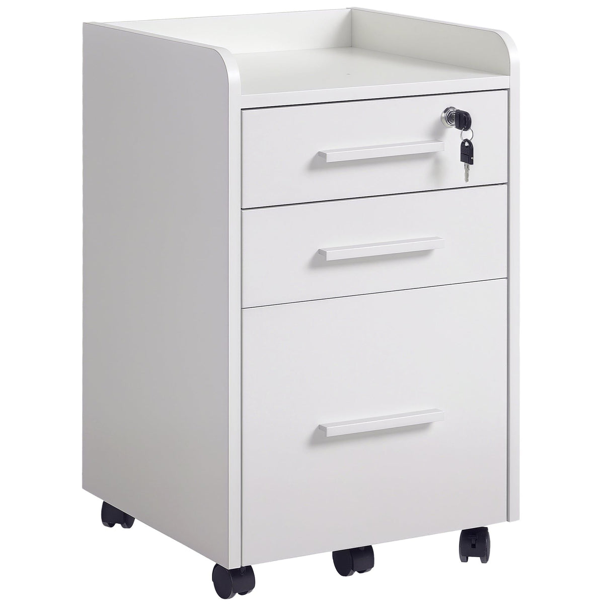 3-Drawer Filing Cabinet with Lock and Wheels - White