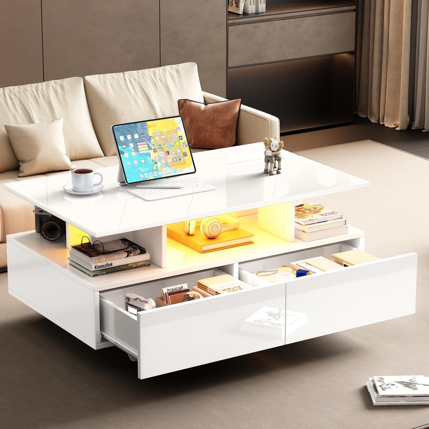 High-Gloss Coffee Table with Built-In LED Light and 2 Drawers, Minimalist Centre Table with Open Storage, 35.5'' L x 21.5'' W x 16'' H, White