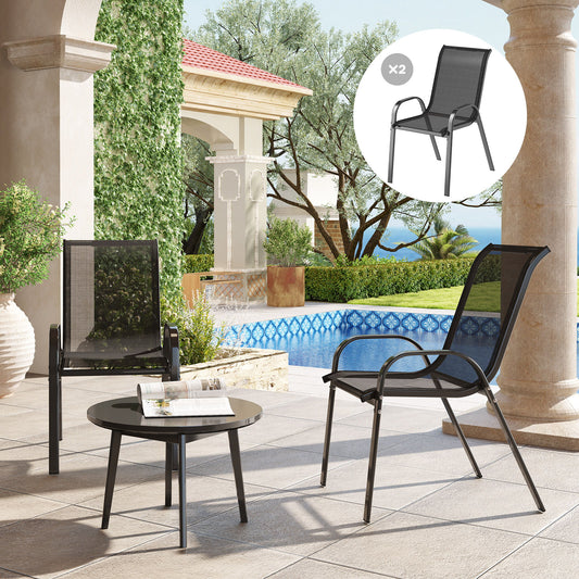 Set of 2 Outdoor Dining Chairs, Stackable Lawn Chairs with High Back, Breathable Mesh Seat for Garden Porch, Black